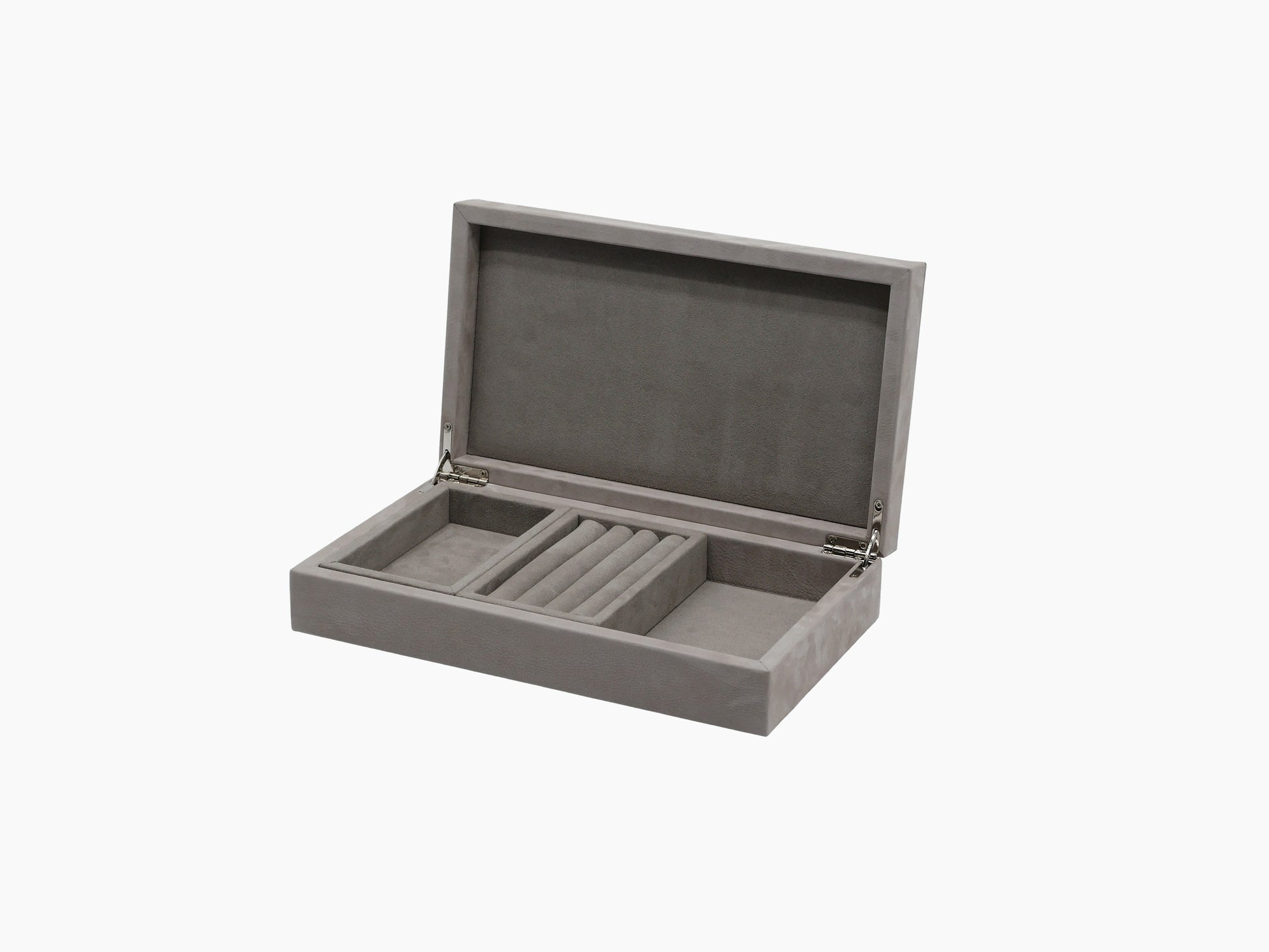 Grey velvet jewelry box shown with internal tray and space for rings and accessories