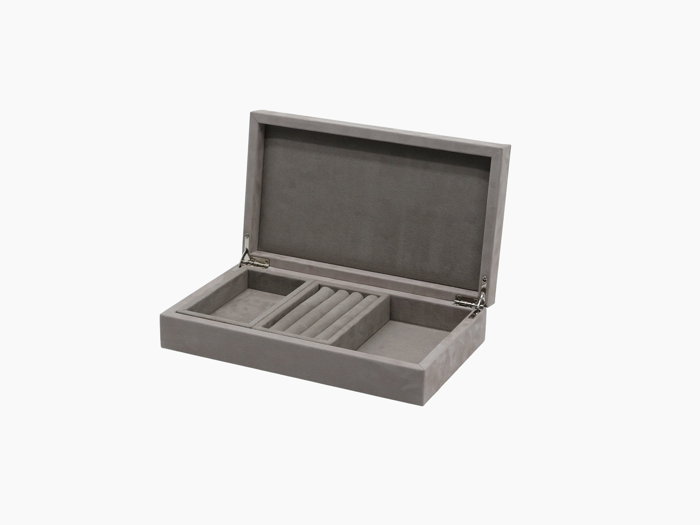 Grey velvet jewelry box shown with internal tray and space for rings and accessories