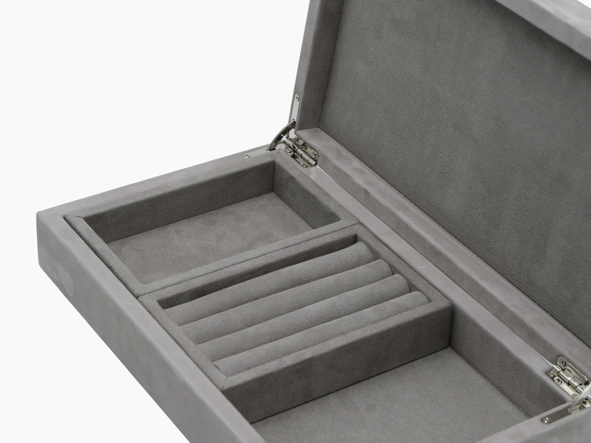 Open Prestige Jewellery Box with grey suede interior and multiple compartments for rings and jewelry.