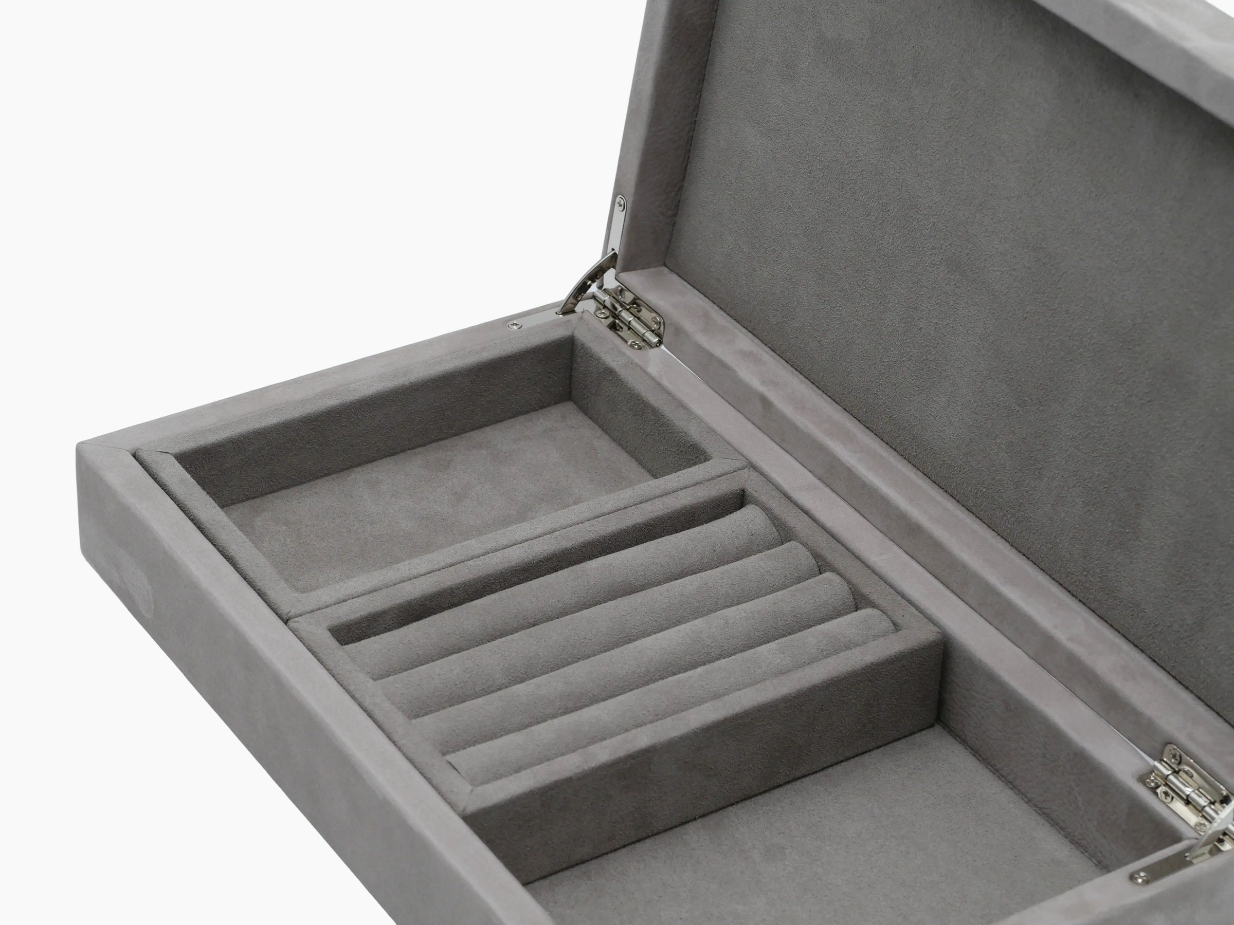 Open Prestige Jewellery Box with grey suede interior and multiple compartments for rings and jewelry.