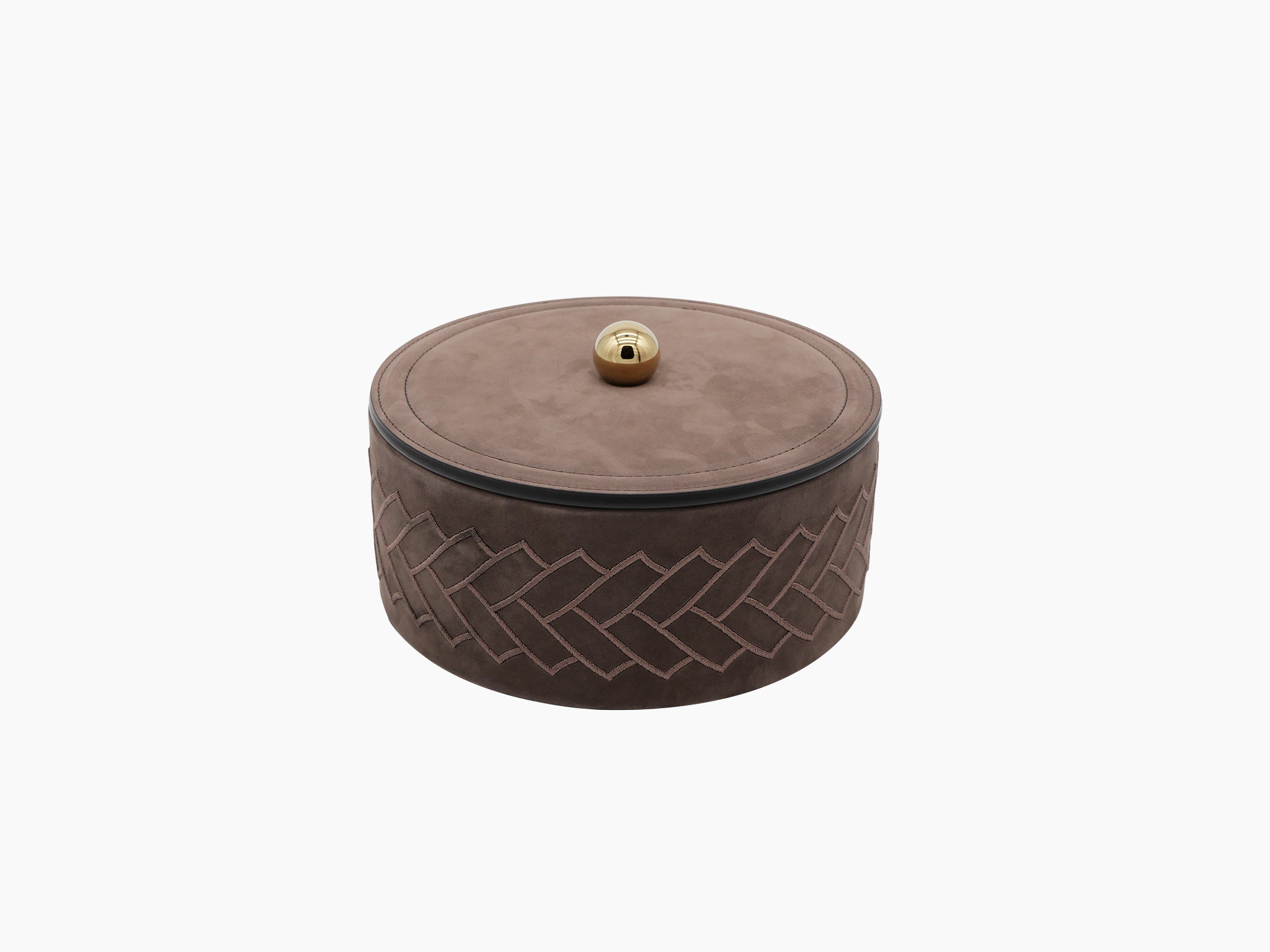 Brown leather Lily Big Round Box with herringbone embroidery and a gold knob on the lid.