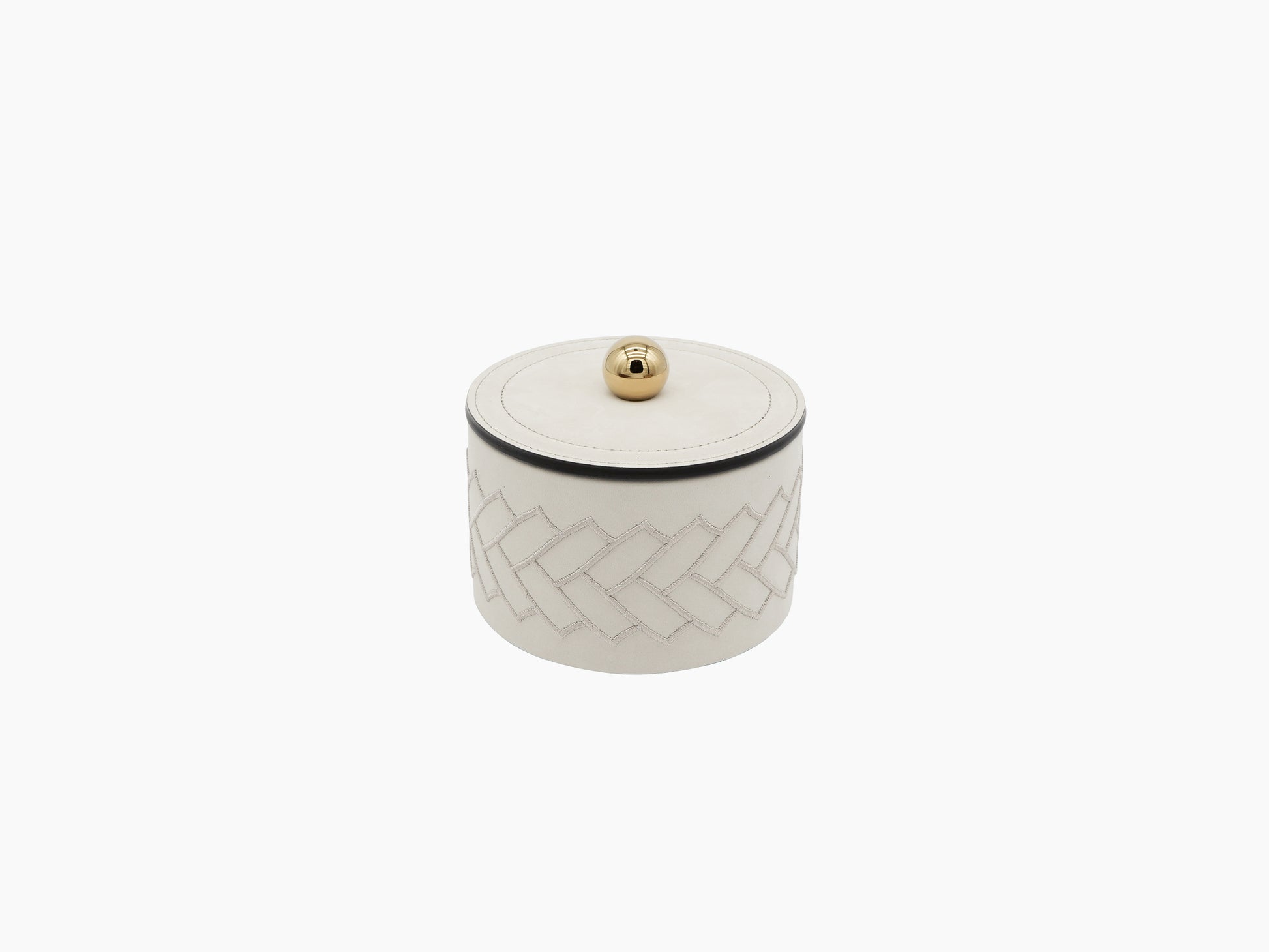 Cream round box with a gold lid knob and a stitched herringbone pattern around the sides.