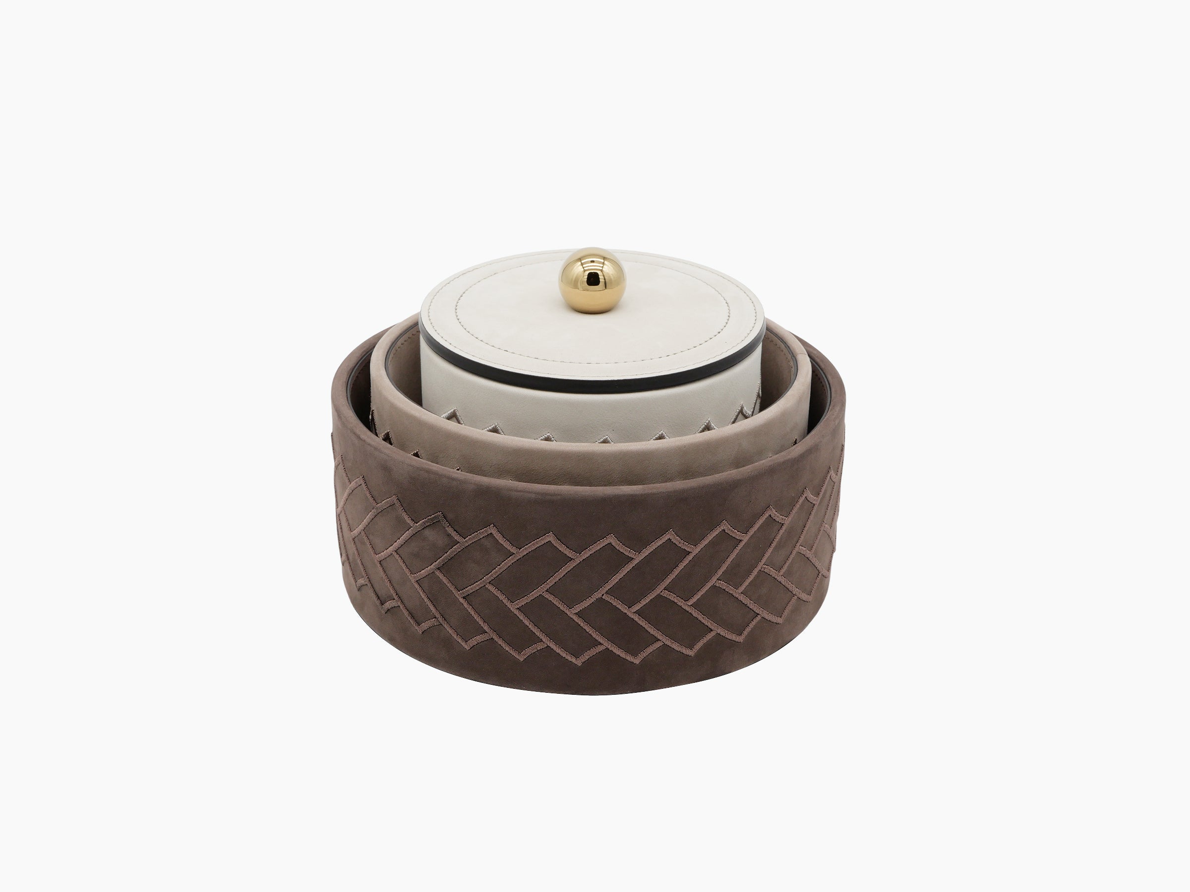 Lily round leather nesting boxes brown taupe and white with gold knob lids and a woven lattice pattern
