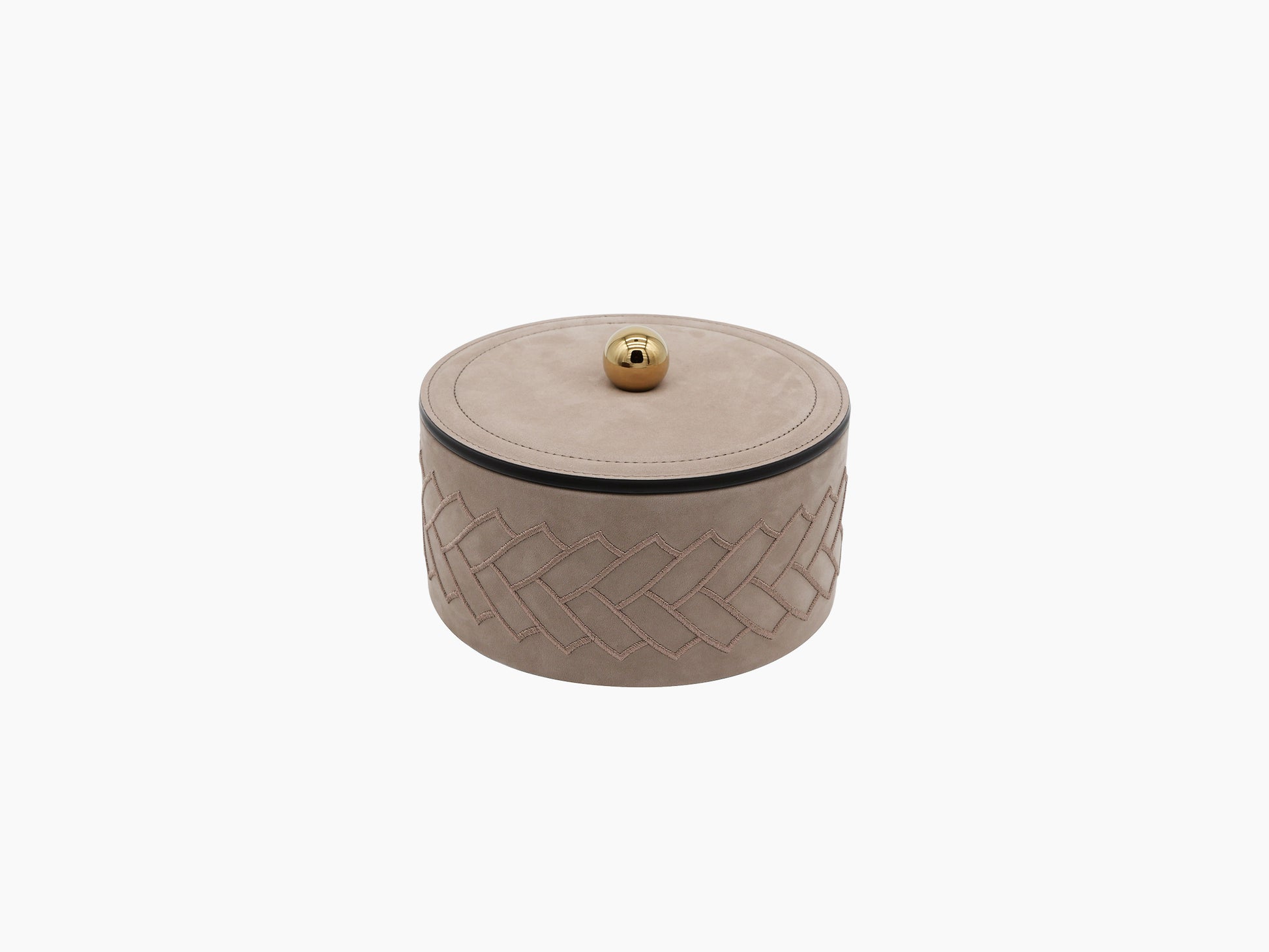 Lily Medium Round Box in taupe leather with herringbone embroidery and a gold finial lid