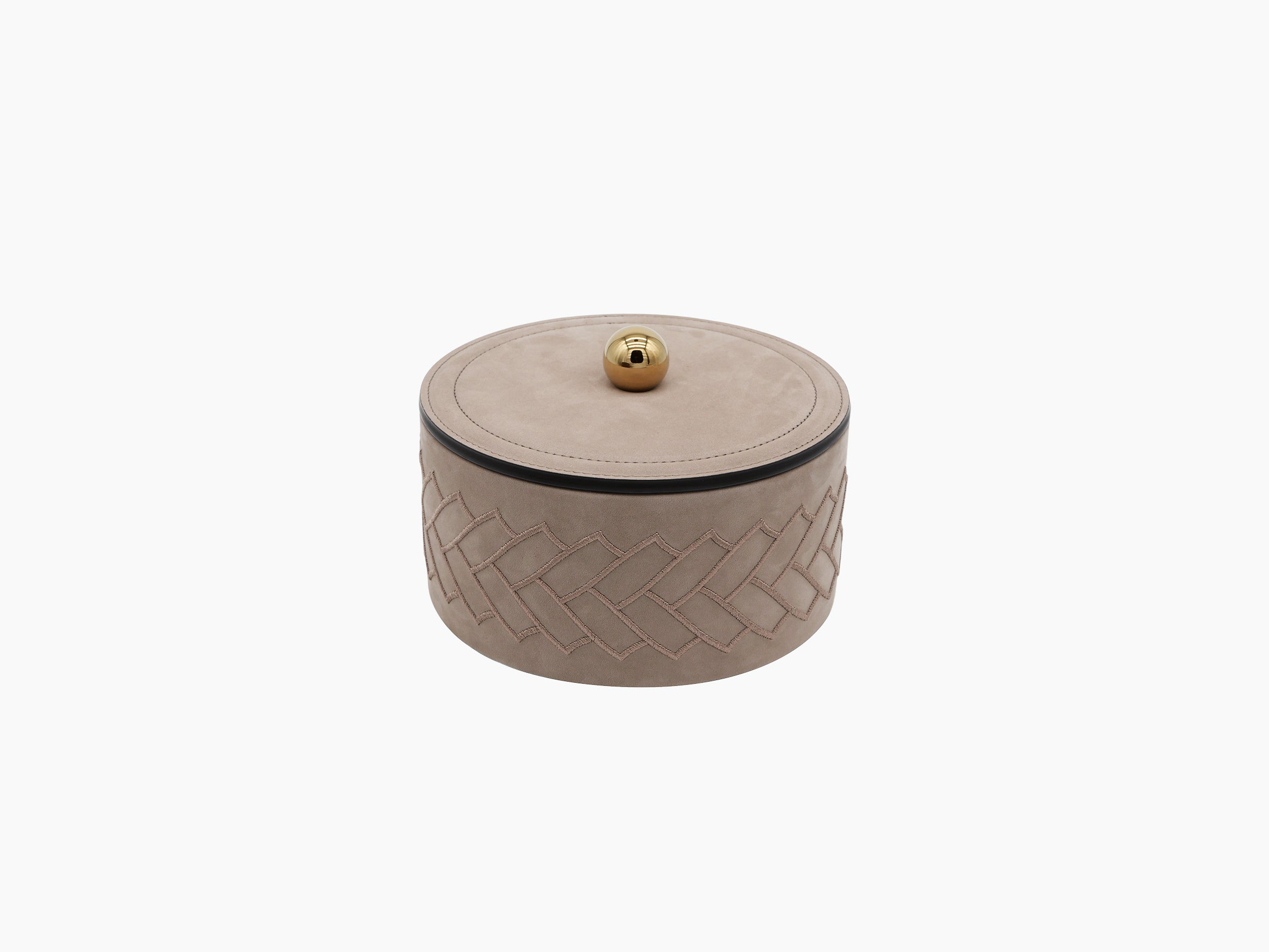 Lily Medium Round Box in taupe leather with herringbone embroidery and a gold finial lid