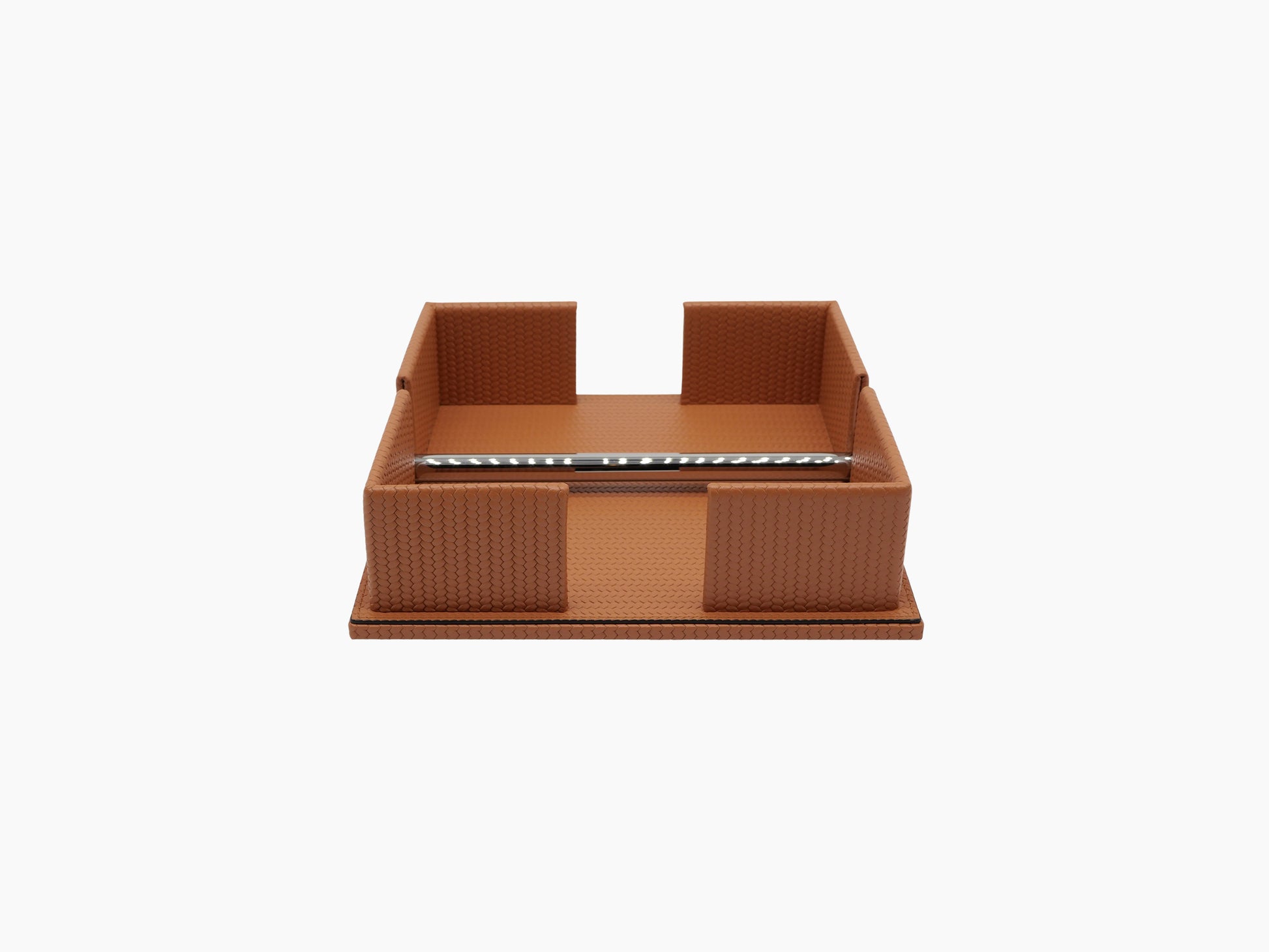 Dark brown leather two section napkin holder with a weighted chrome bar and white circular weight at the front