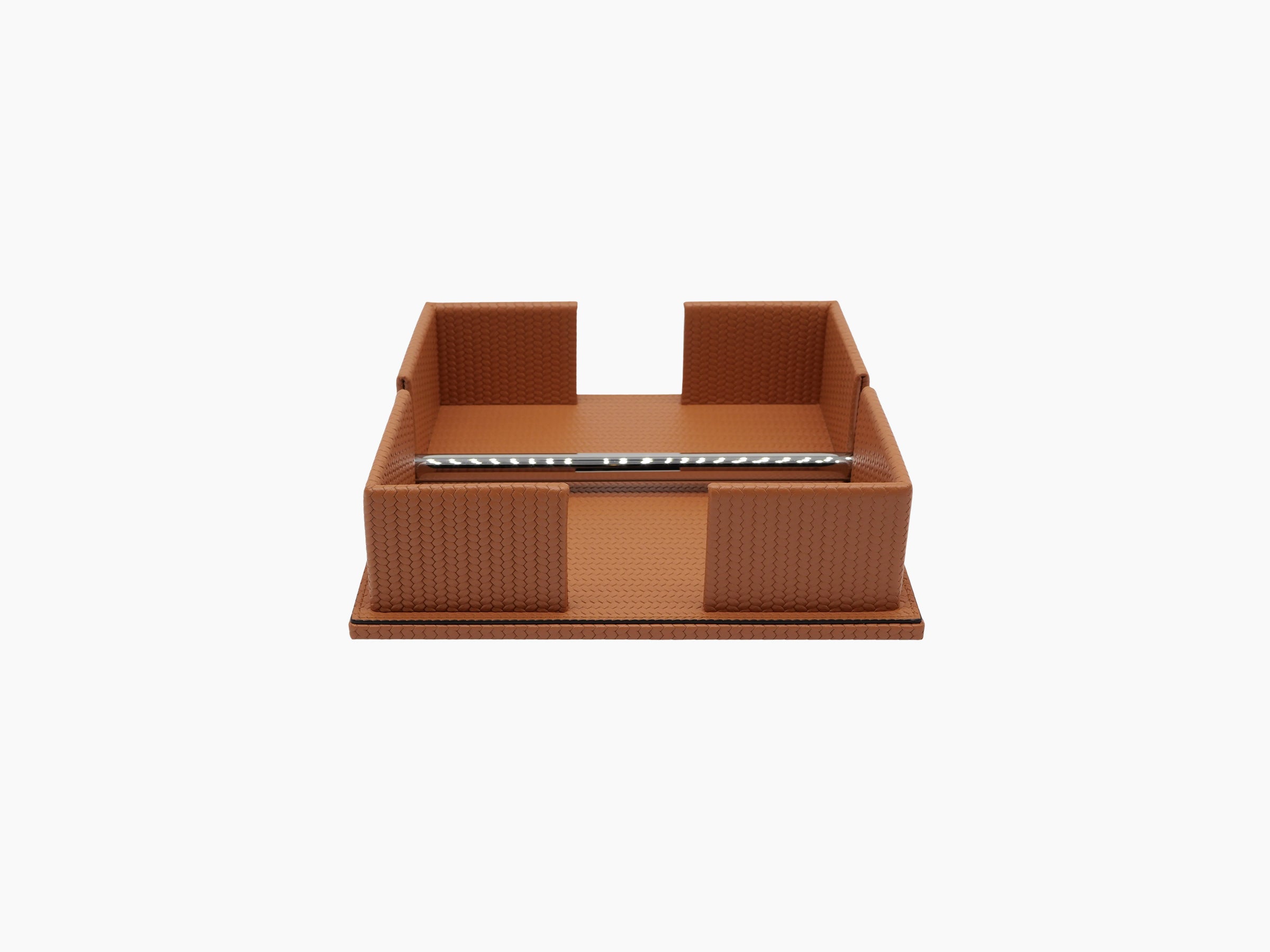 Dark brown leather two section napkin holder with a weighted chrome bar and white circular weight at the front