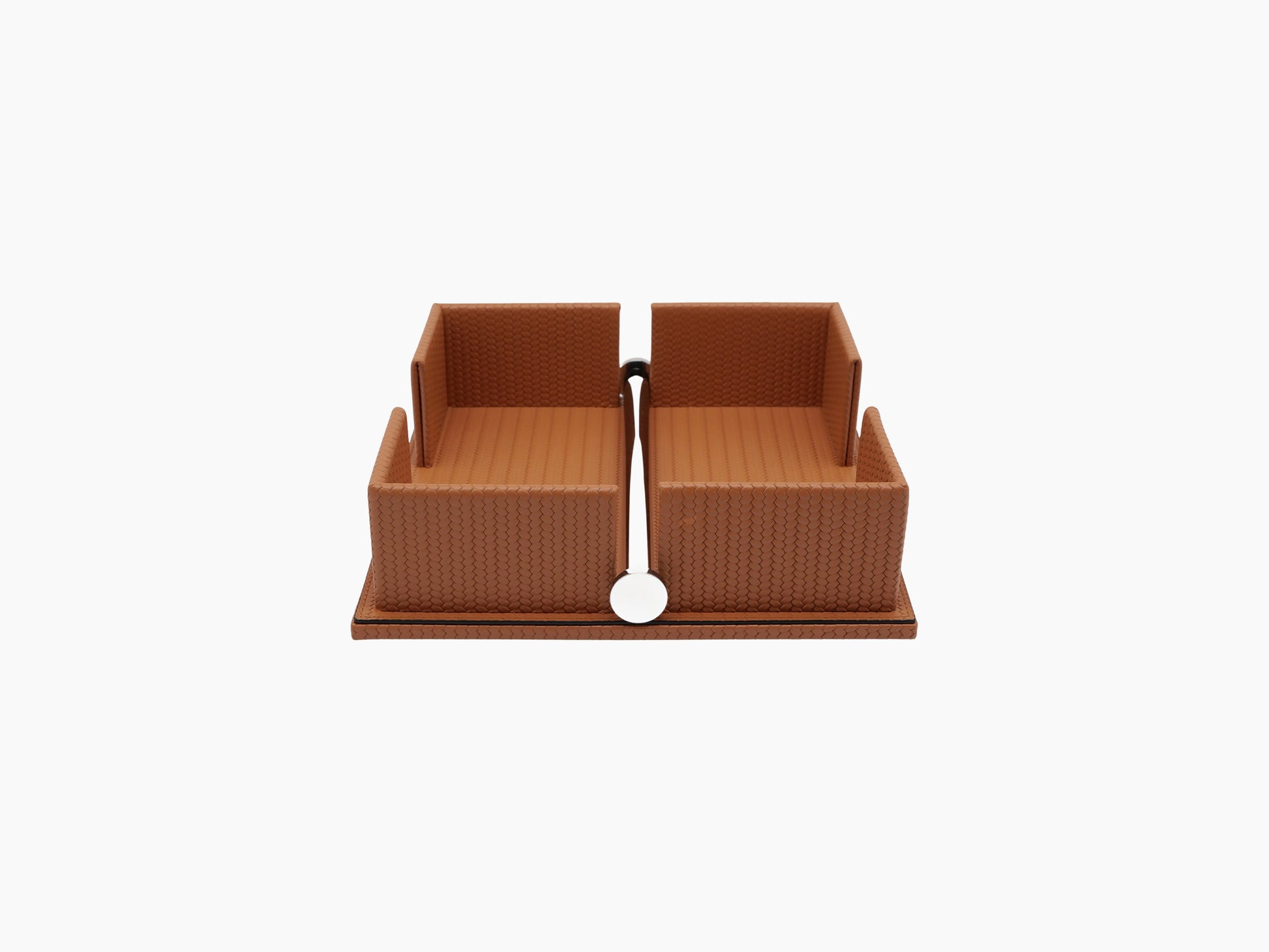 Tan leather two section napkin holder with a weighted chrome bar and white circular weight at the front