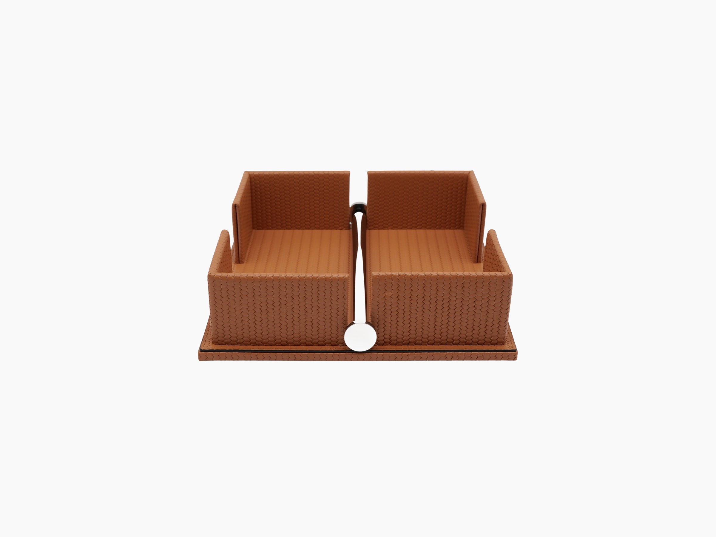 Tan leather two section napkin holder with a weighted chrome bar and white circular weight at the front