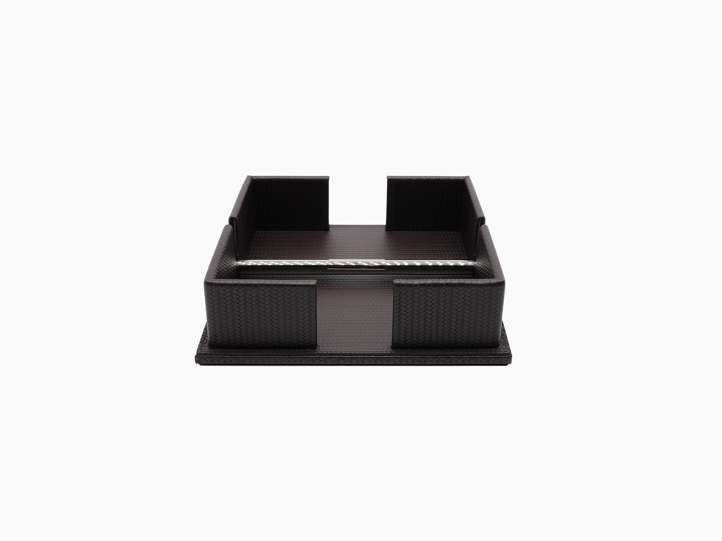 Dark brown leather napkin holder with a weighted chrome bar across the opening