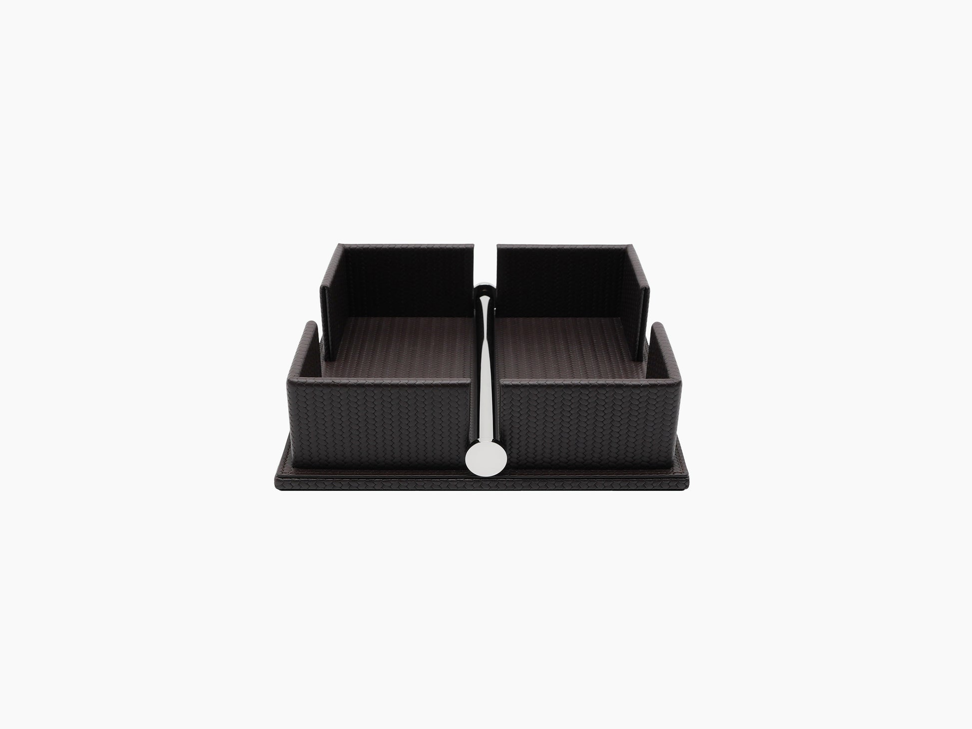 Dark leather two section napkin holder with a weighted chrome bar and white circular weight at the front
