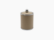 Olimpia large round leather box with chrome trim and a spherical lid knob.