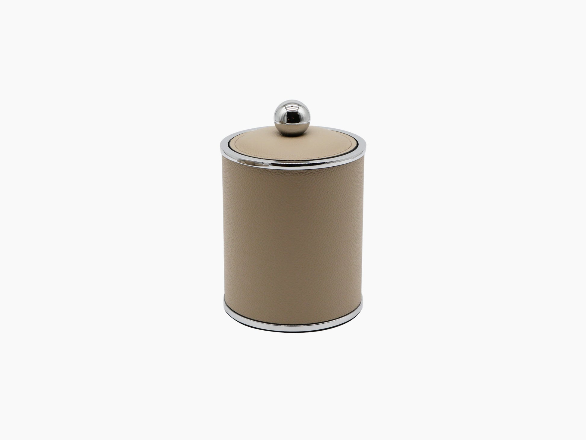 Olimpia large round leather box with chrome trim and a spherical lid knob.