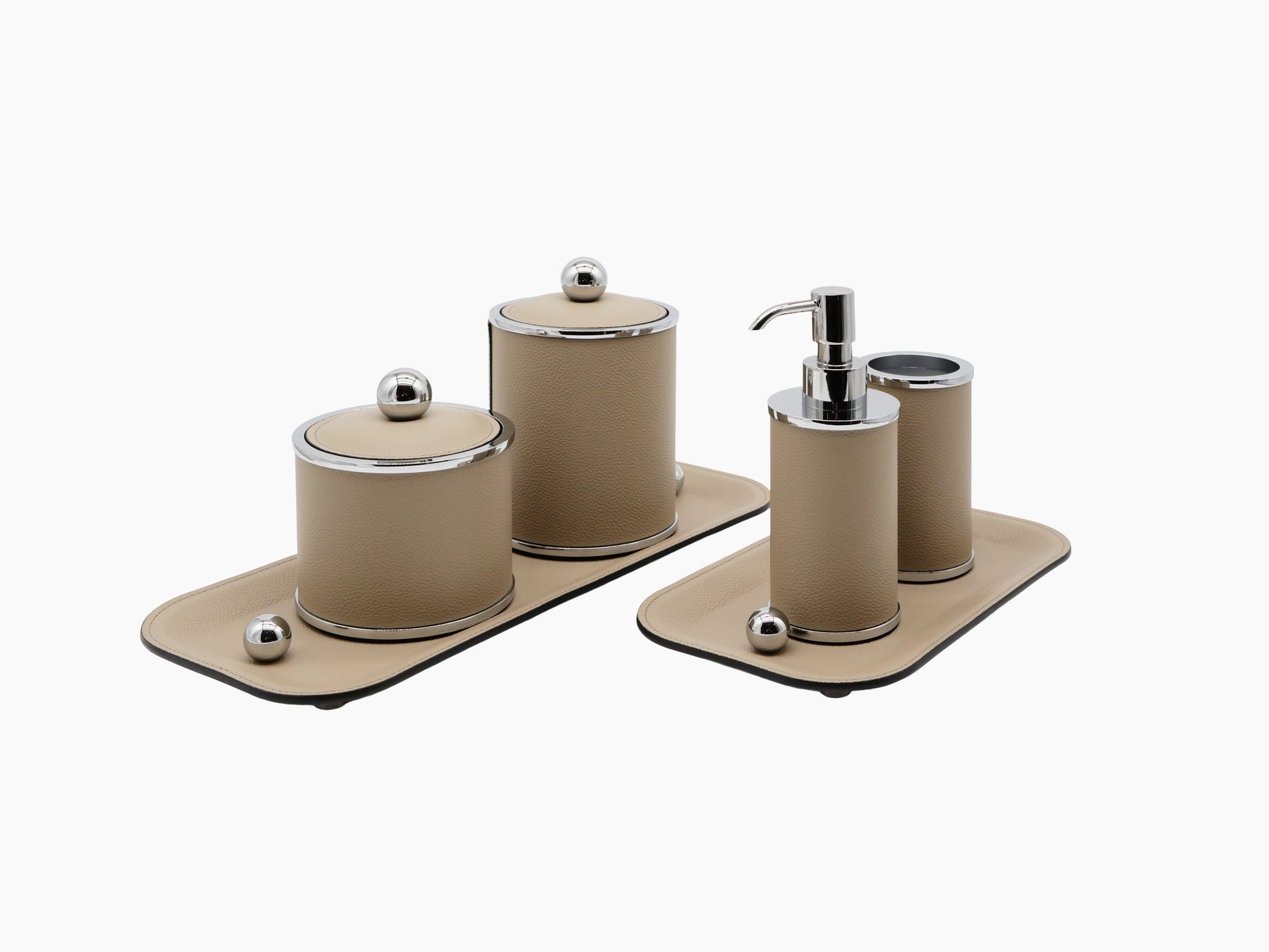 Olimpia bathroom set in taupe leather with chrome trim featuring round storage boxes on a rectangular tray