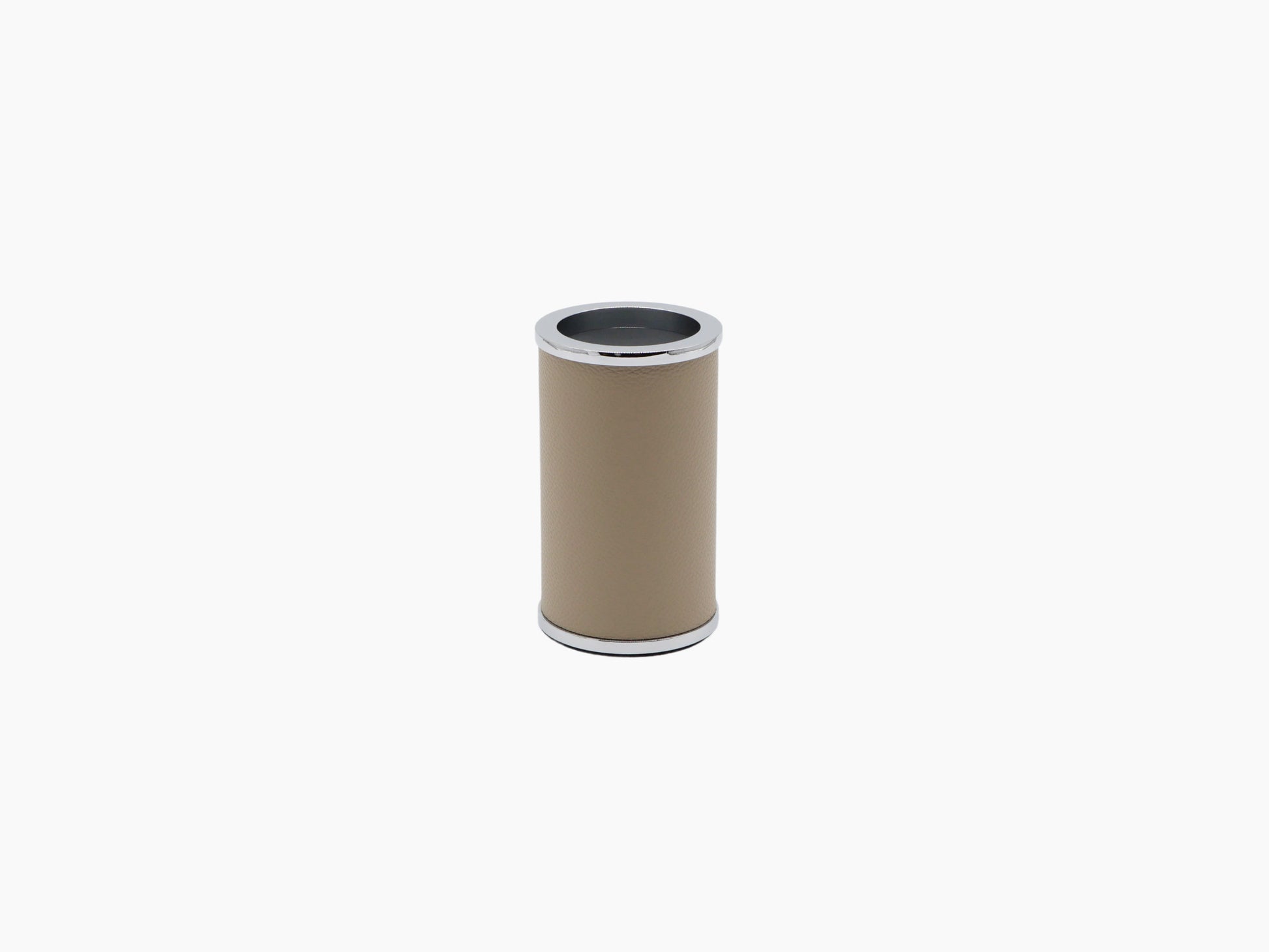 Olimpia round toothbrush holder wrapped in beige waterproof leather with chrome trim
