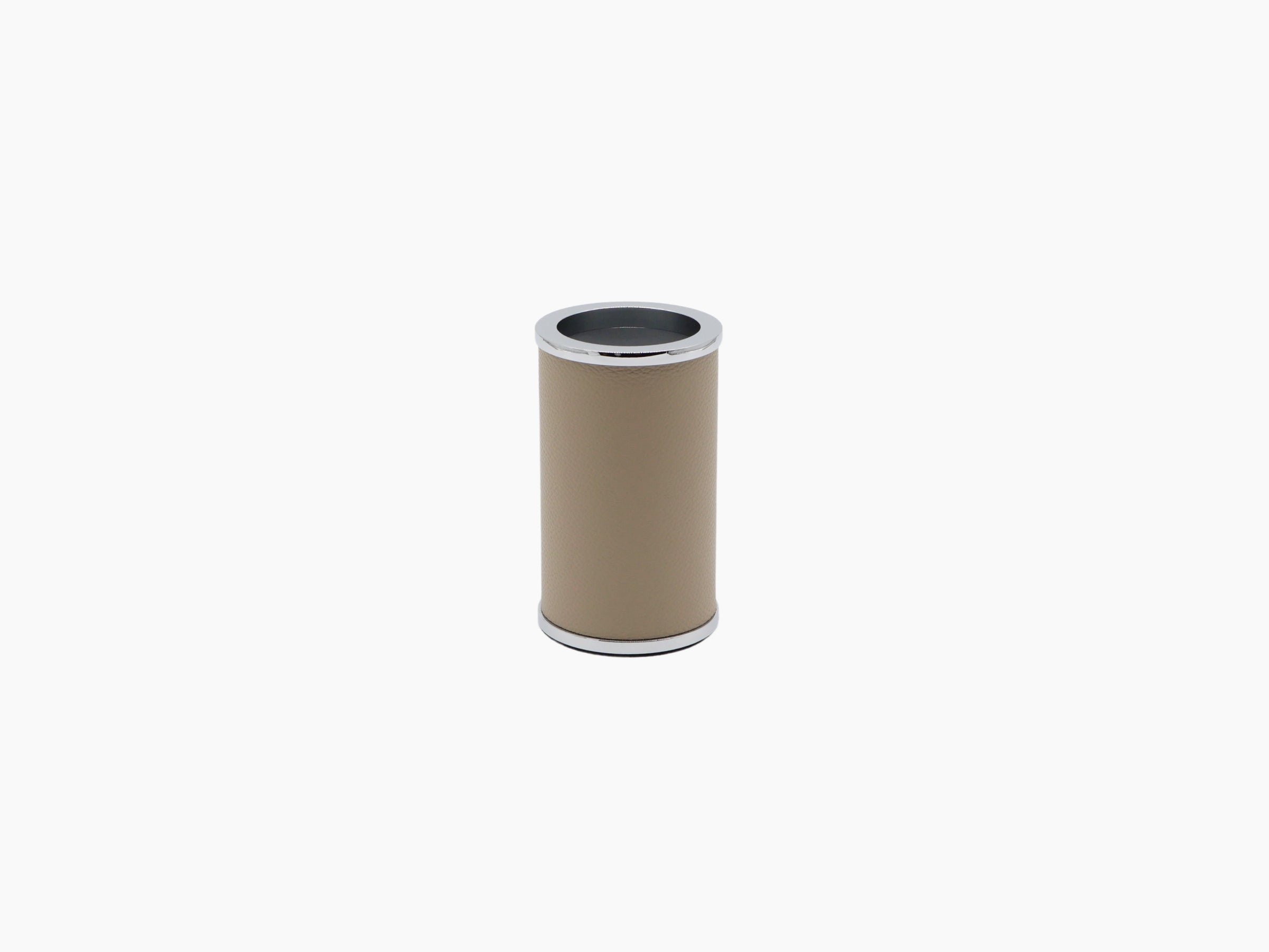 Olimpia round toothbrush holder wrapped in beige waterproof leather with chrome trim