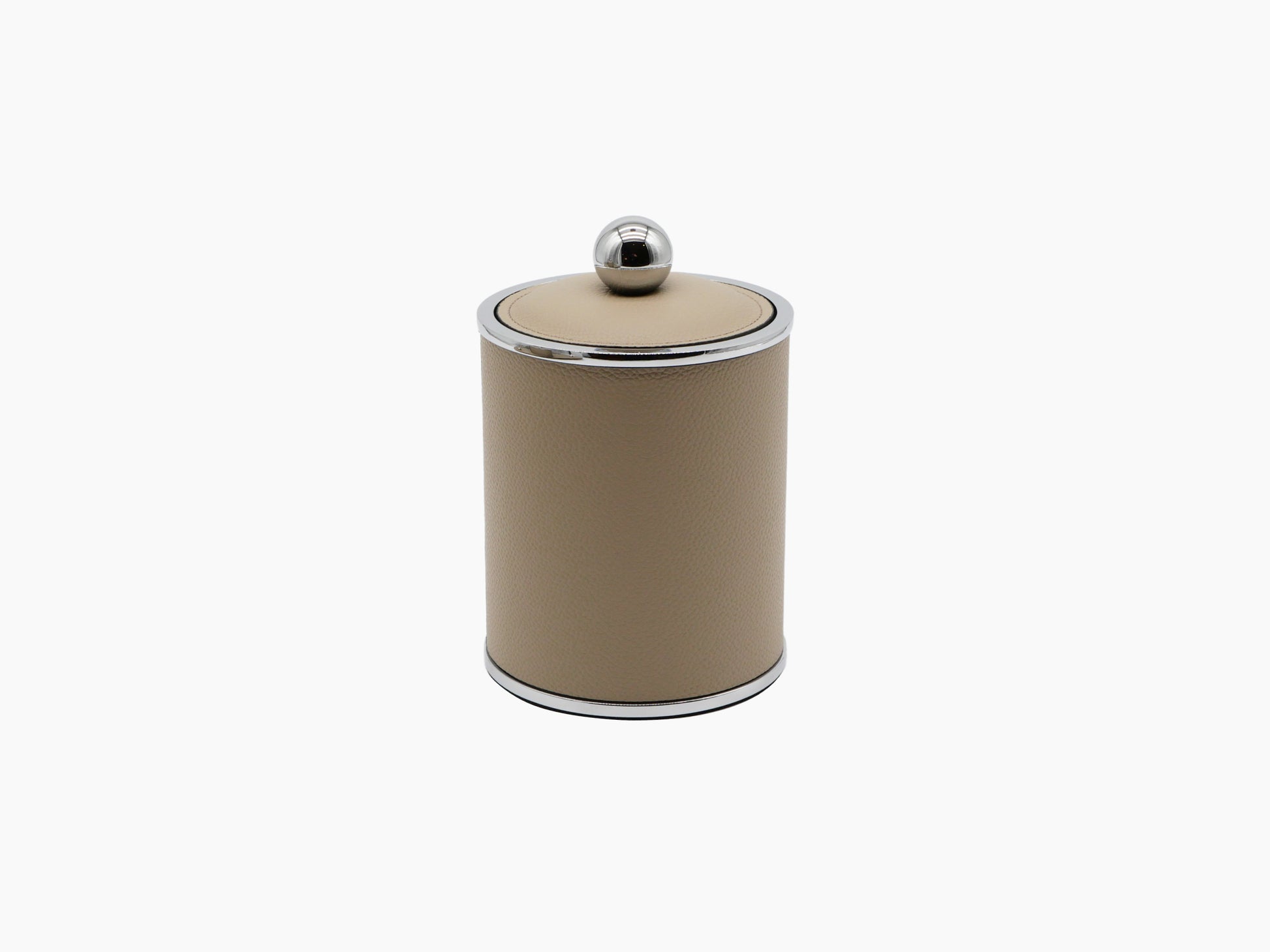 Tall beige leather canister with chrome trim on a matching rectangular tray