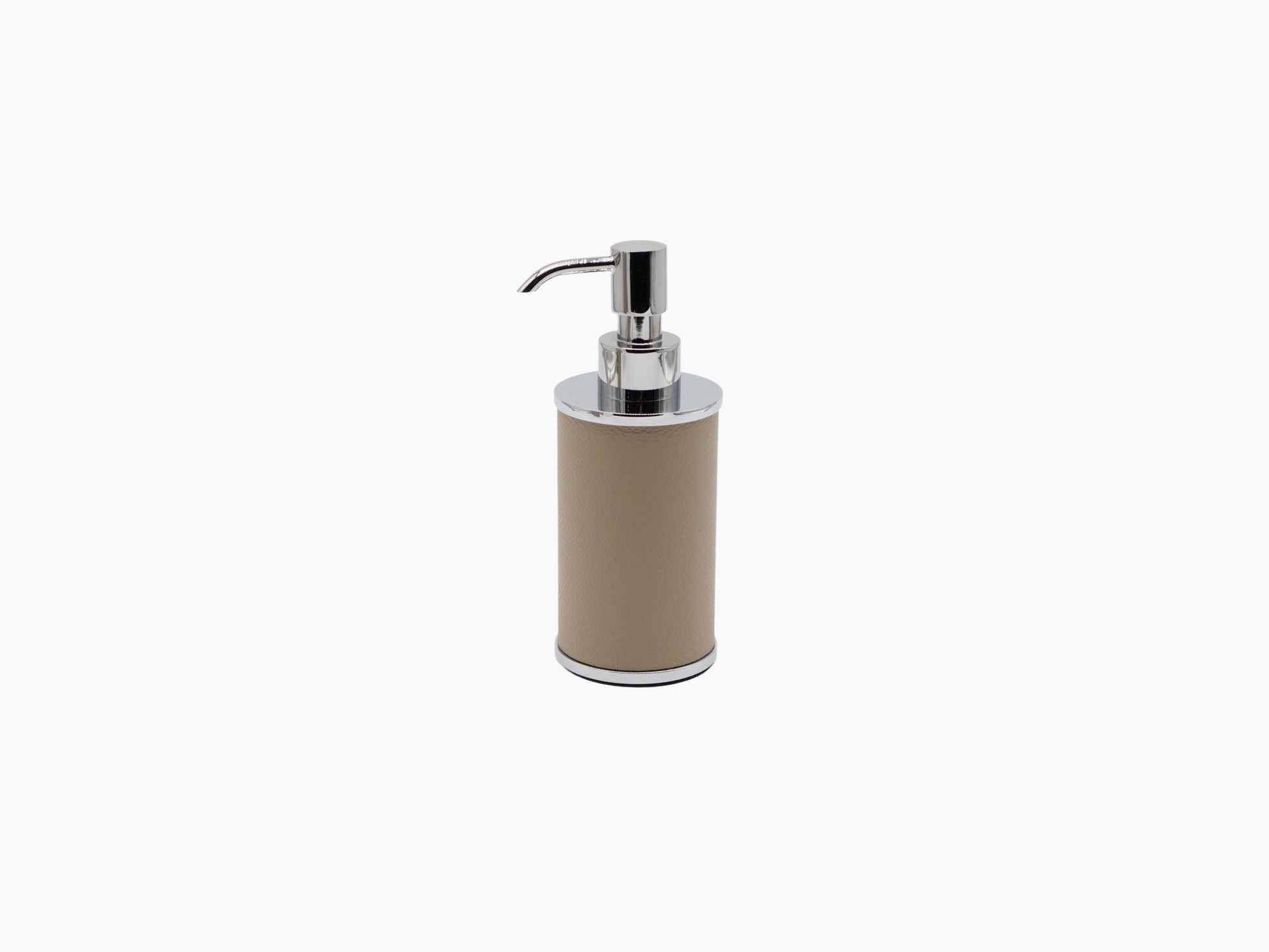 Beige leather cylindrical soap dispenser with chrome pump from the Small Olimpia set.