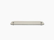 Olimpia Medium Tray in beige leather with chrome feet and two decorative spheres.