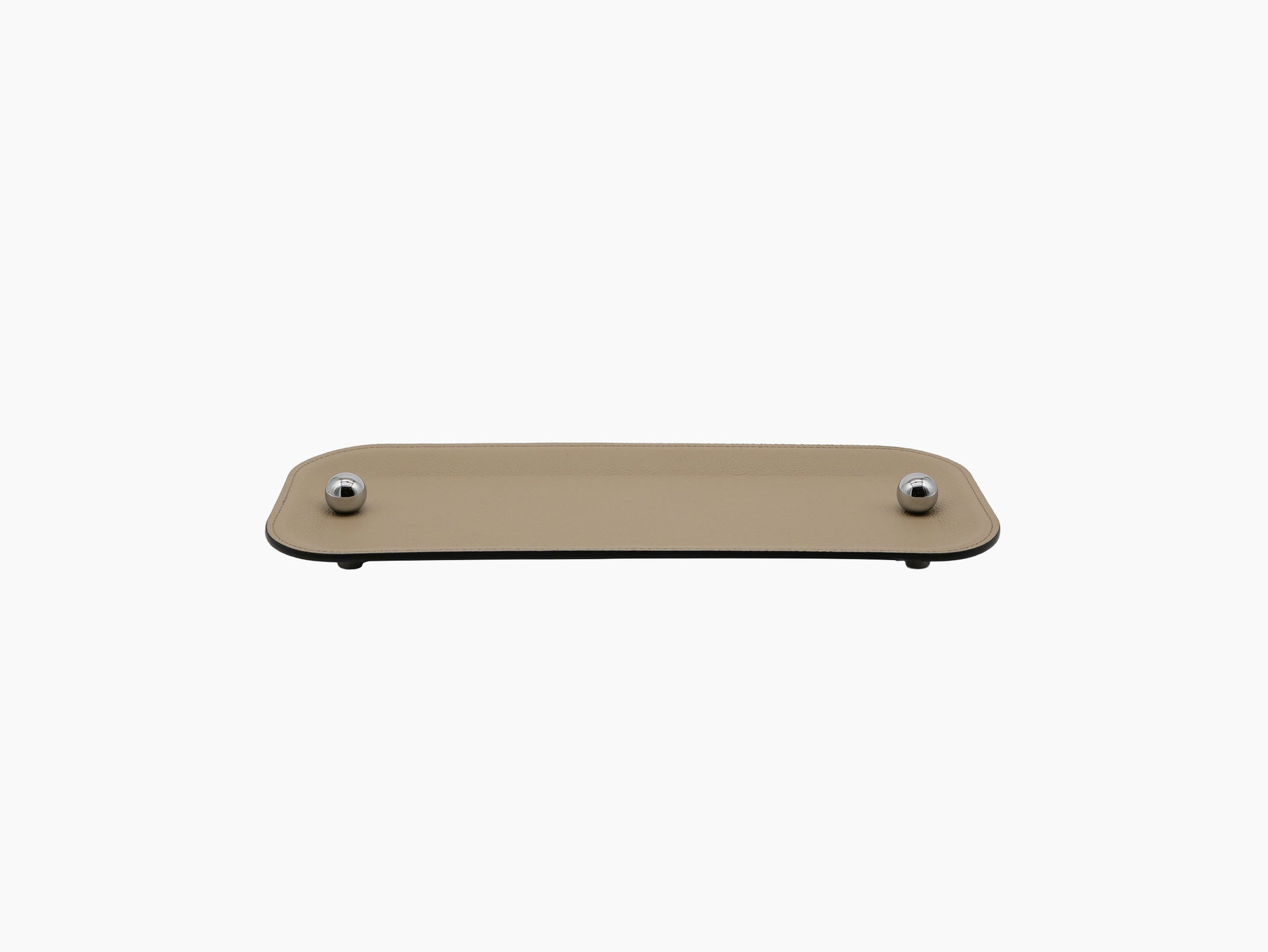 Beige Olimpia Medium Tray wrapped in leather with chrome feet and two decorative chrome spheres.