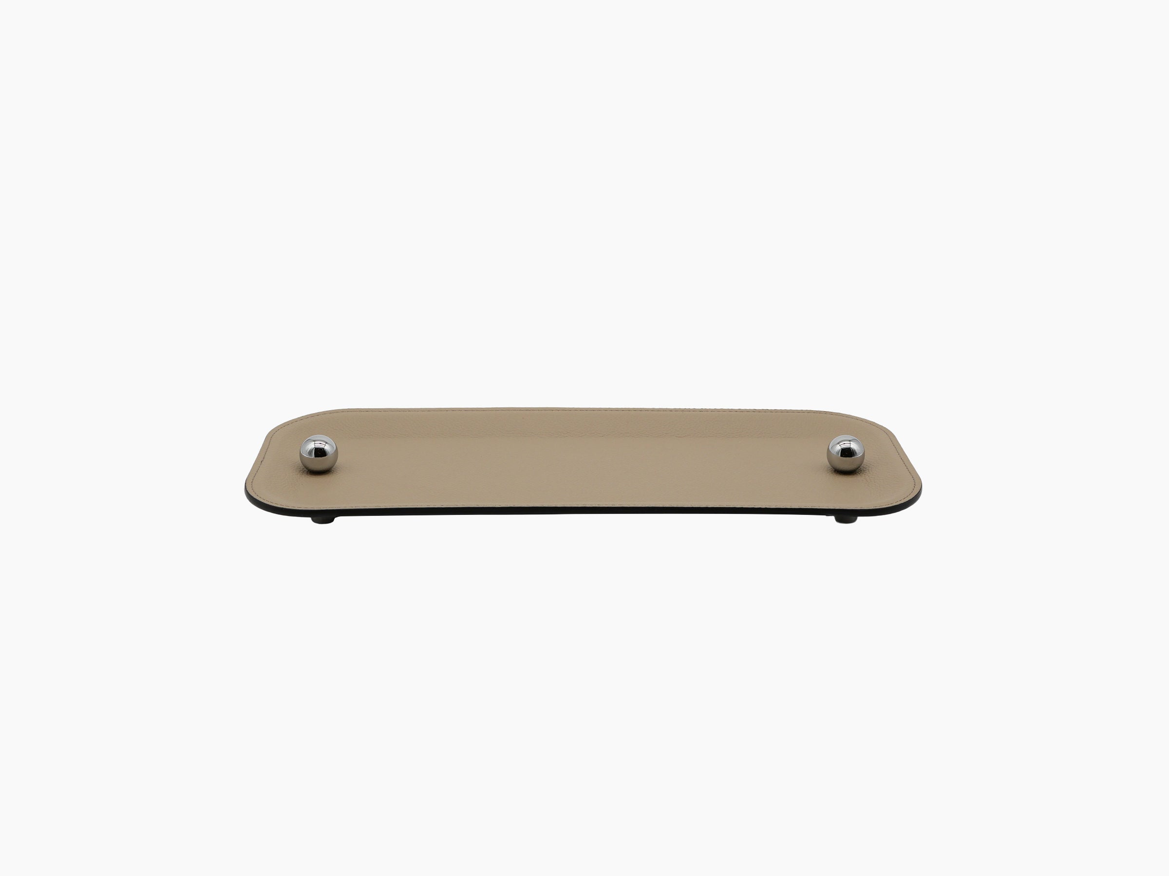 Beige Olimpia Medium Tray wrapped in leather with chrome feet and two decorative chrome spheres.