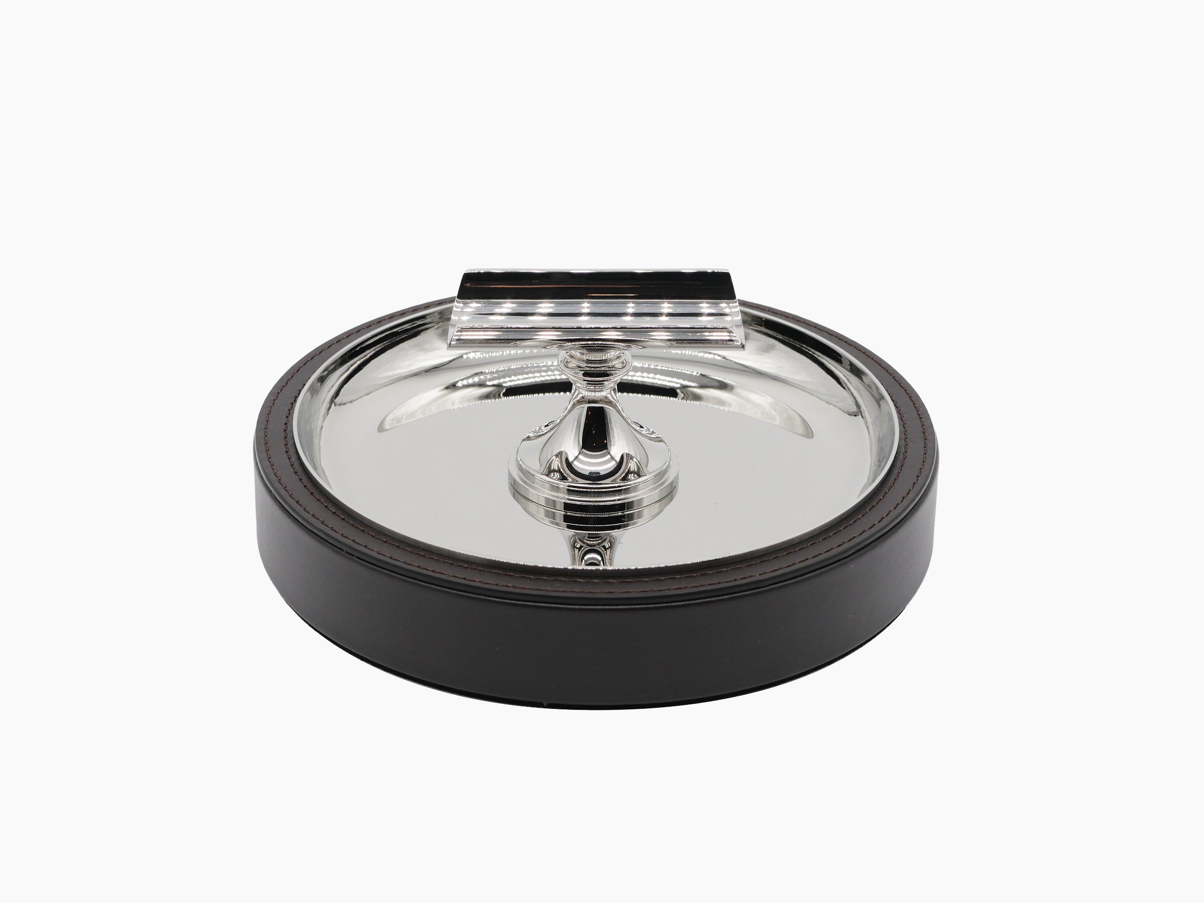 Sigaro Ashtray with a polished steel bowl a demi lune holder and leather trim on a dark wood base