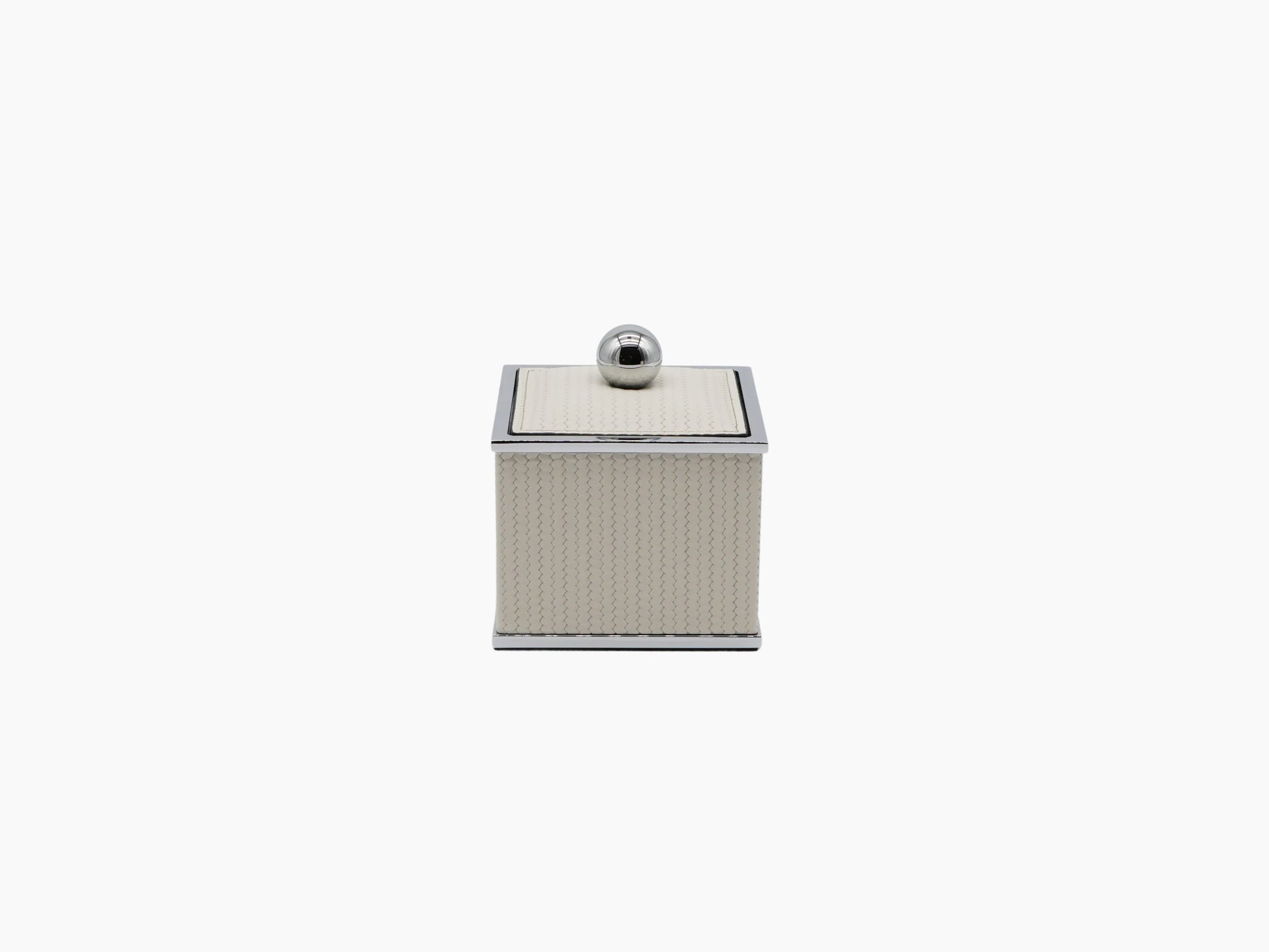 Olimpia Square Small Box in beige leather with chrome trim and a round lid knob.