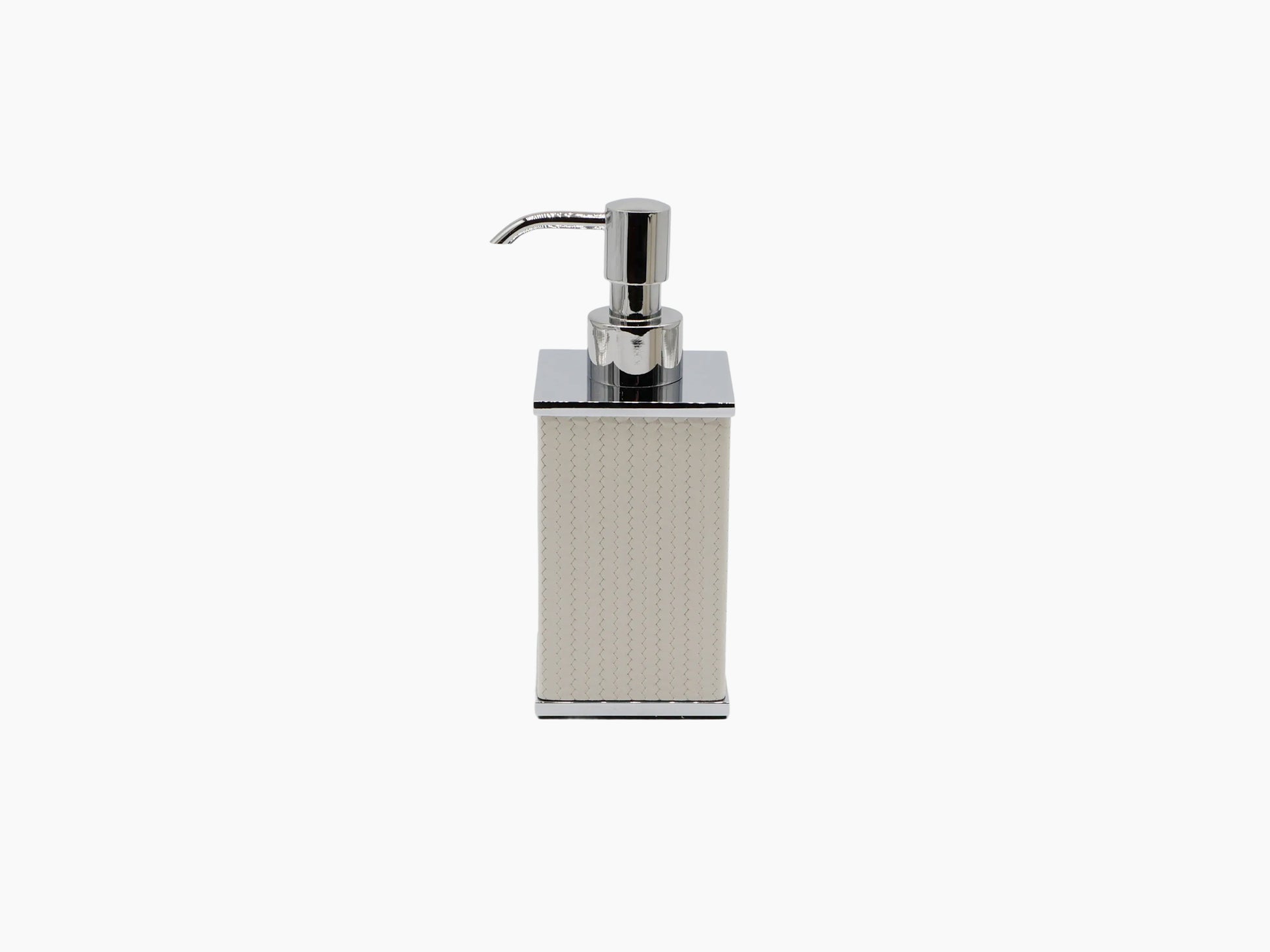Olimpia Square Bathroom Set soap dispenser with chrome pump on a square chrome tray