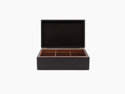 Canaletto Walnut tea storage box open to reveal twelve compartments and wooden dividers