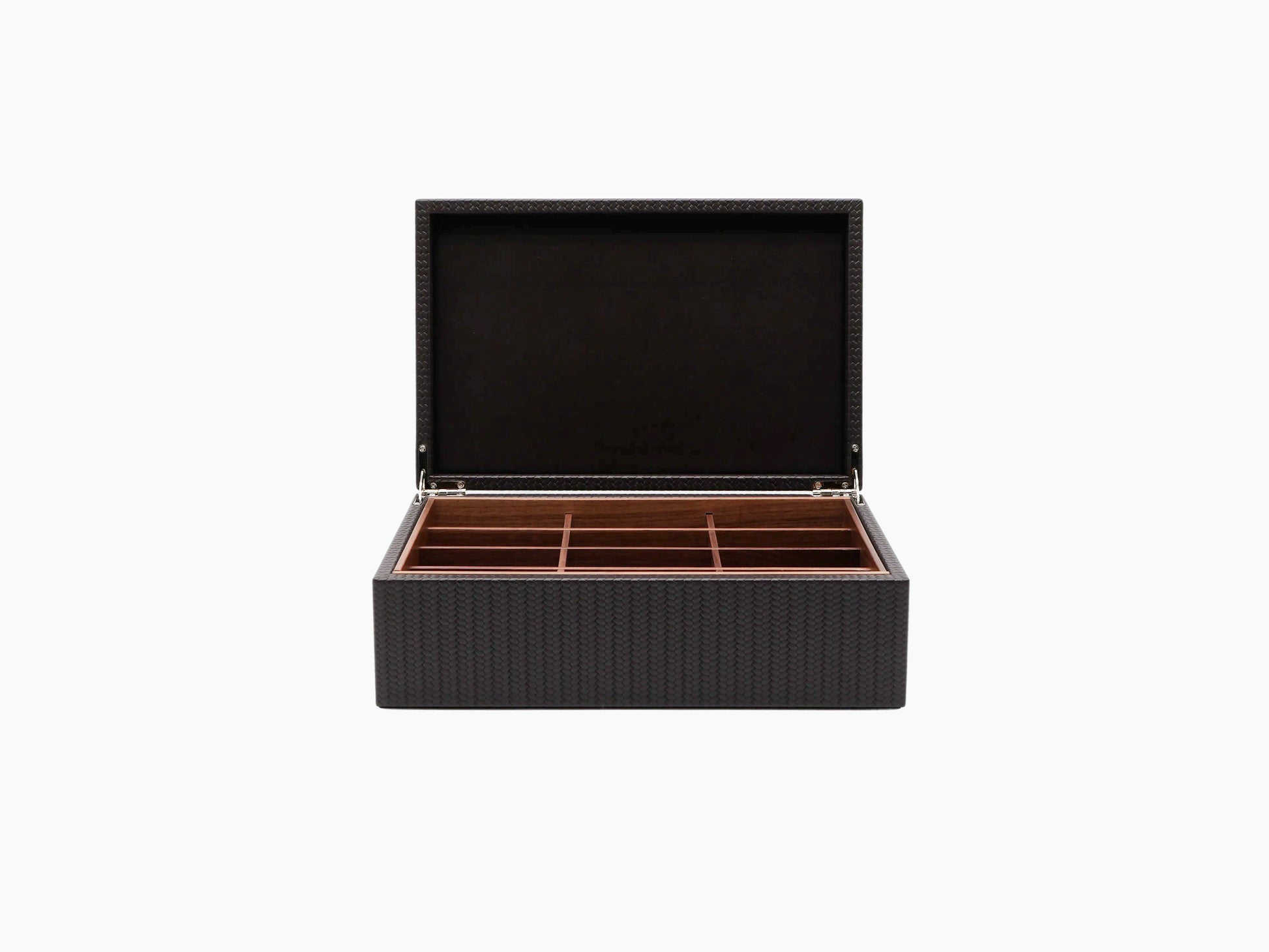 Canaletto Walnut tea storage box open to reveal twelve compartments and wooden dividers