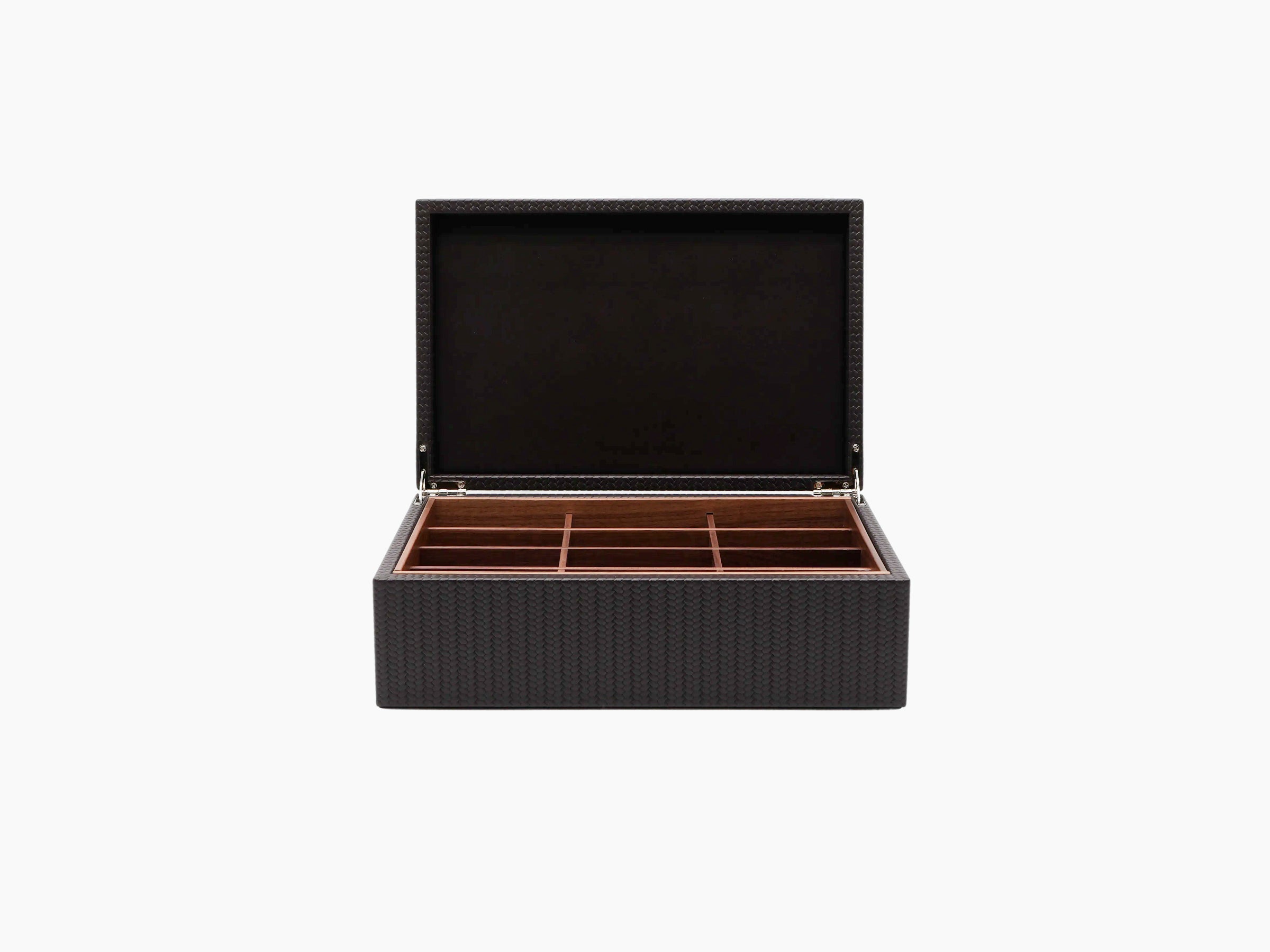Canaletto Walnut tea storage box open to reveal twelve compartments and wooden dividers