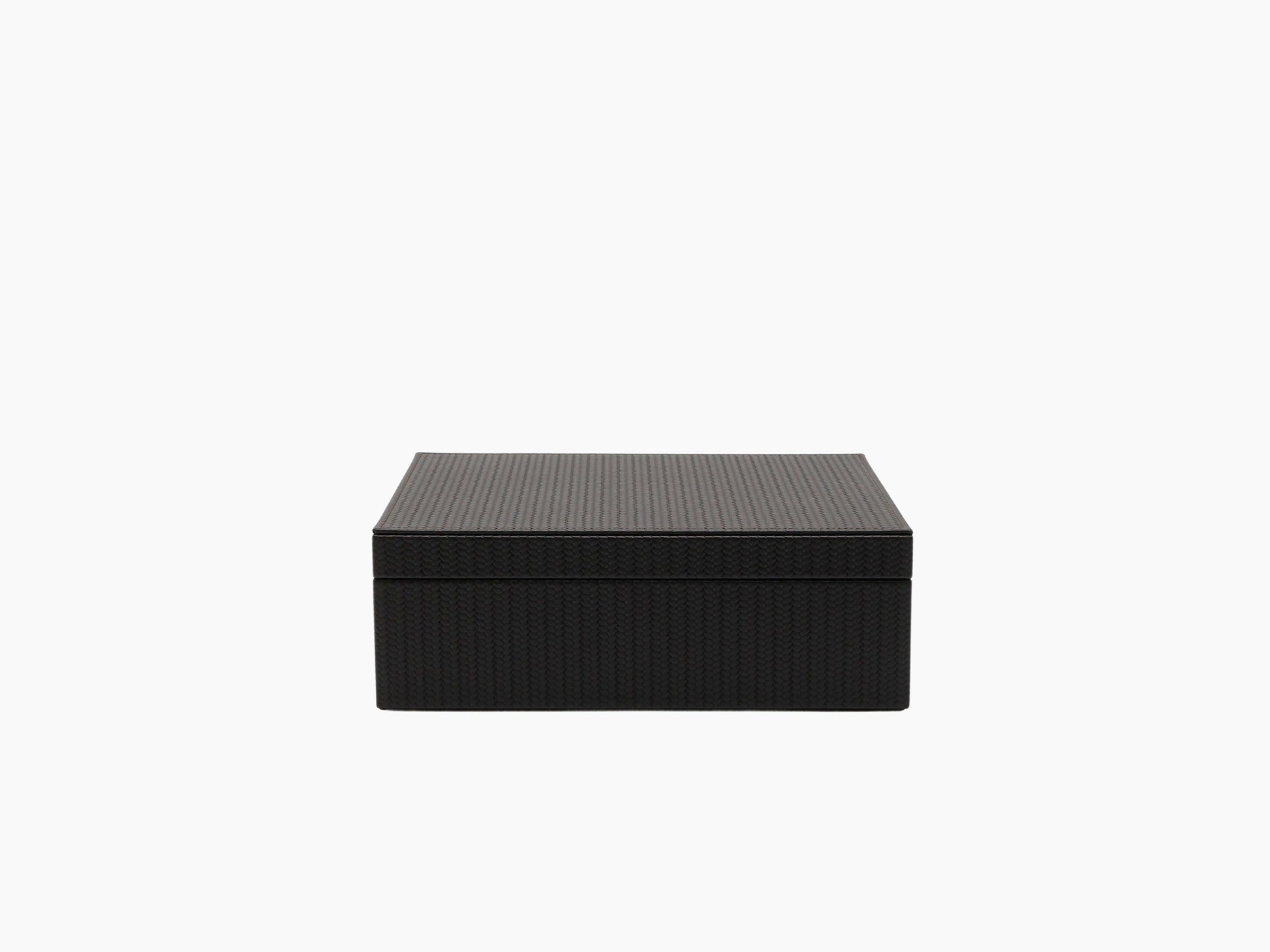 Rectangular dark woven leather tea storage box with lid closed.