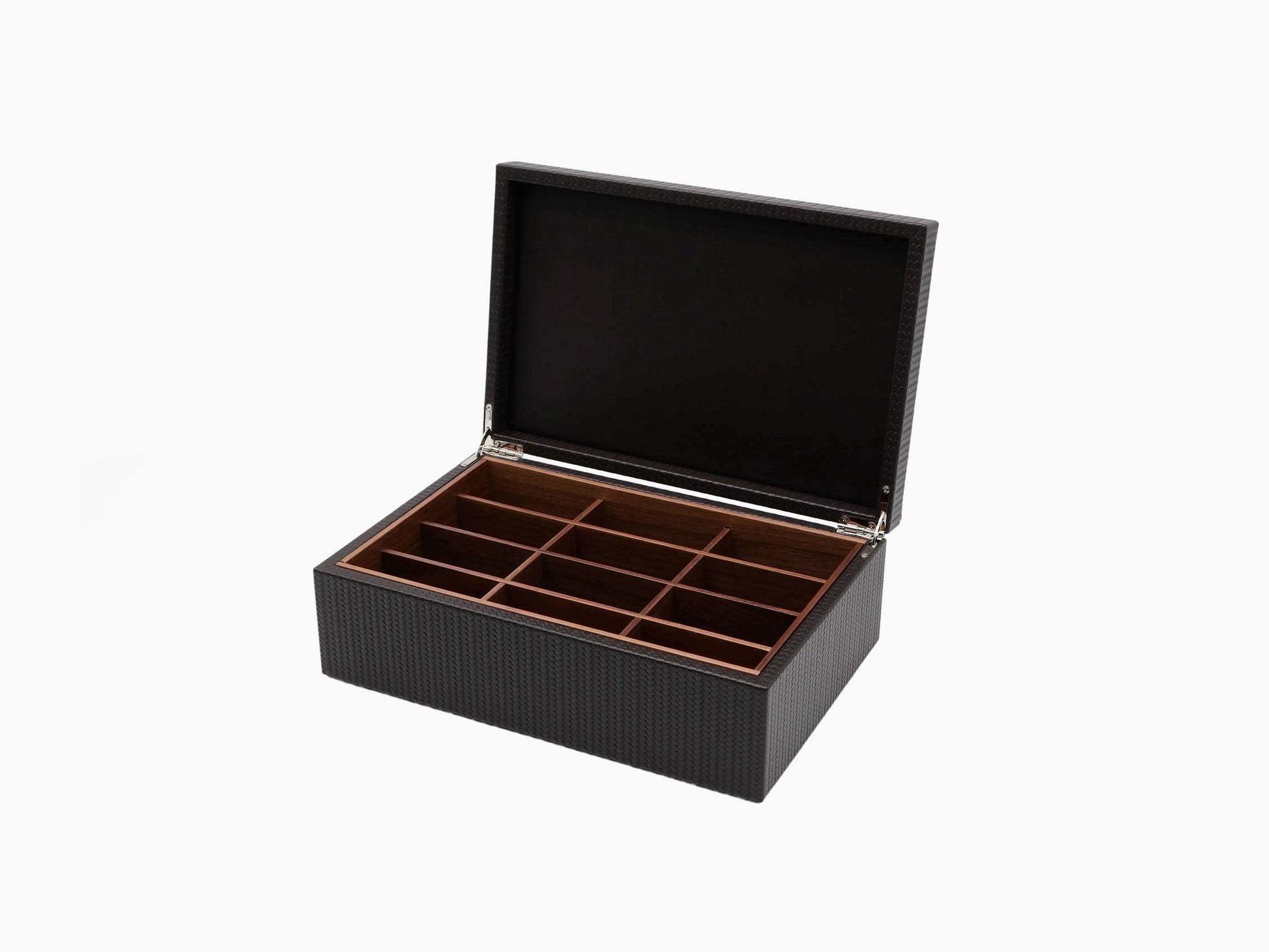 Open Canaletto Walnut tea box shown at an angle with dark lining and multiple wooden dividers