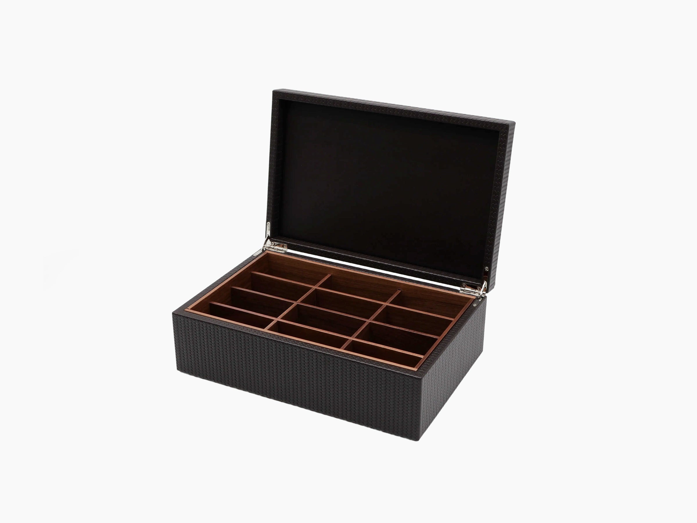 Open Canaletto Walnut tea box shown at an angle with dark lining and multiple wooden dividers