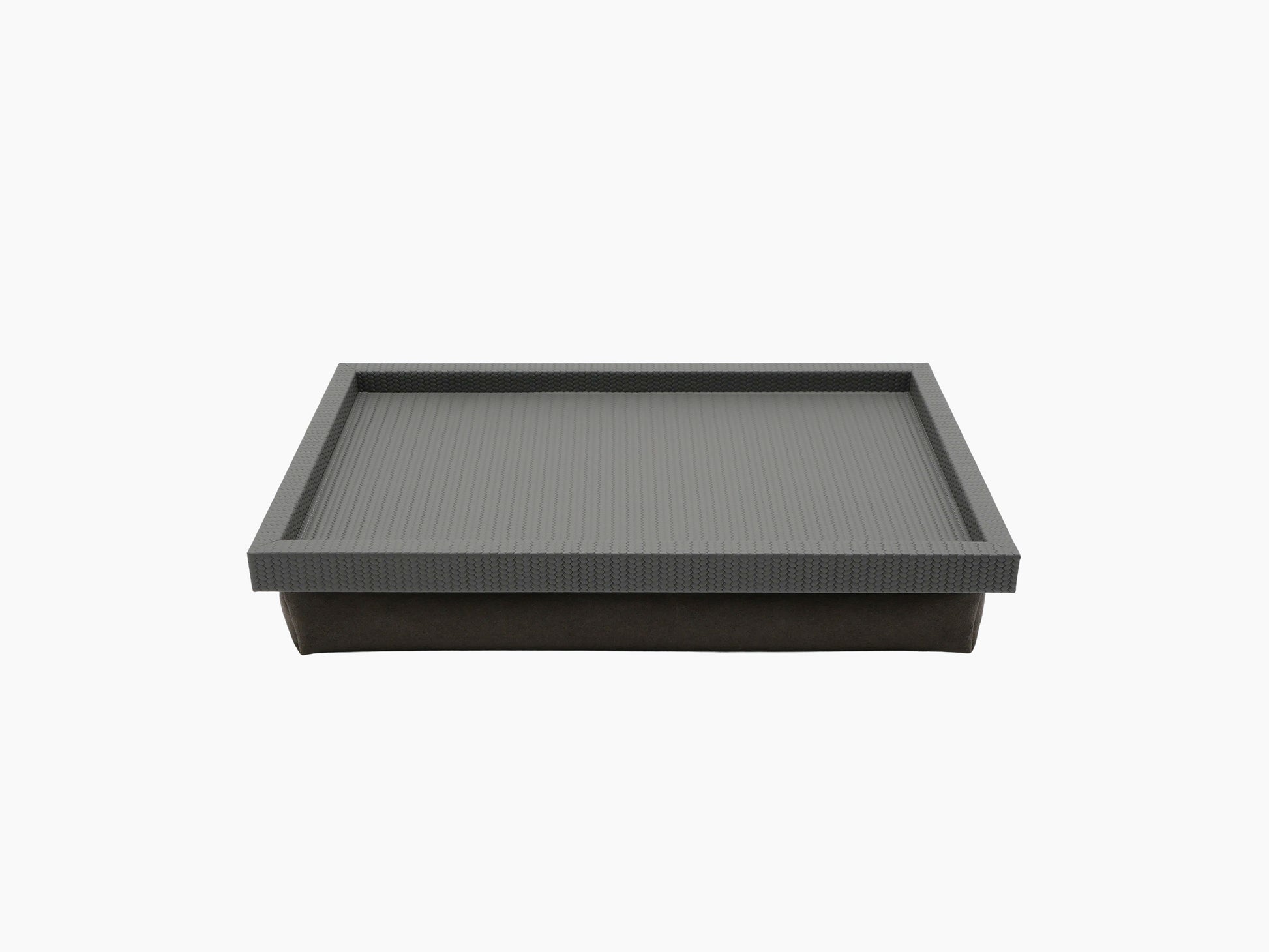 Teseo Bed Tray with textured gray frame and soft suede base