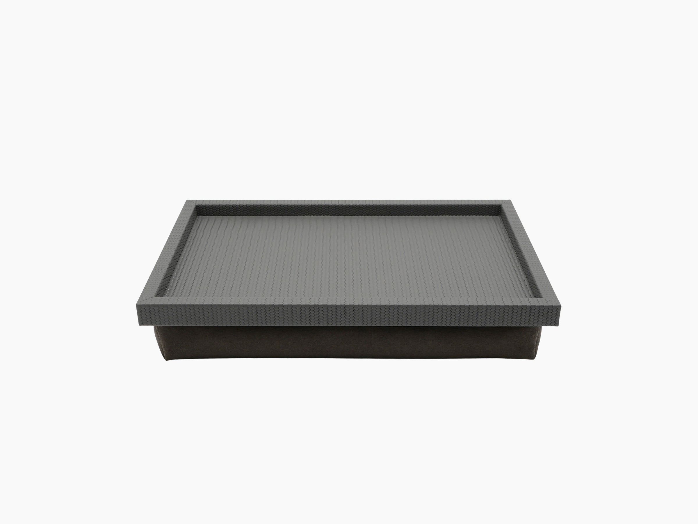Teseo Bed Tray with textured gray frame and soft suede base