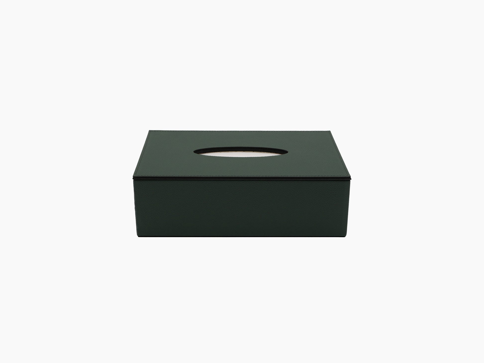 Rectangular dark green leather tissue box with oval opening and magnetic lid