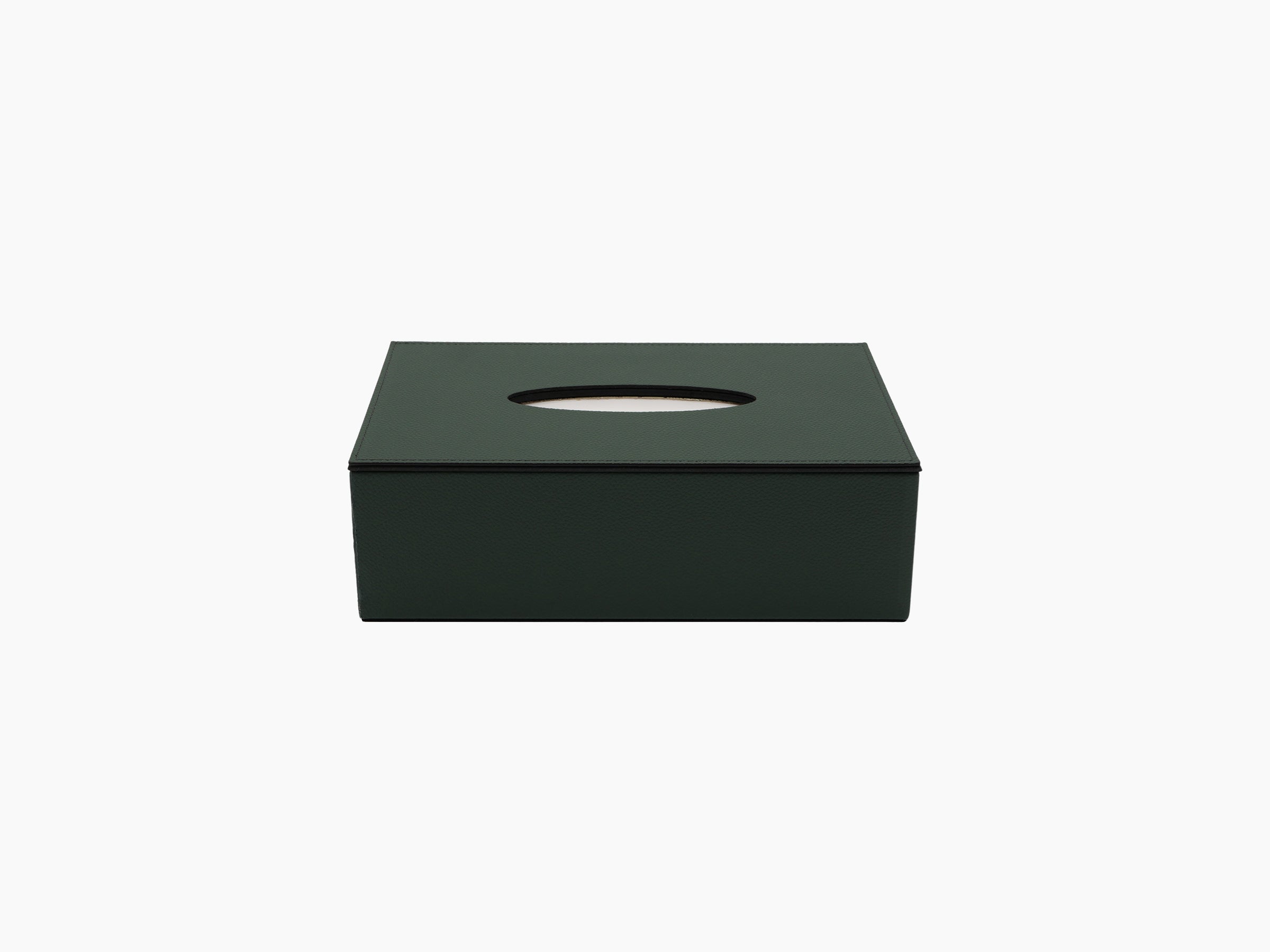 Rectangular dark green leather tissue box with oval opening and magnetic lid
