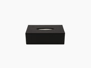 Rectangular black leather tissue box with oval opening and magnetic lid