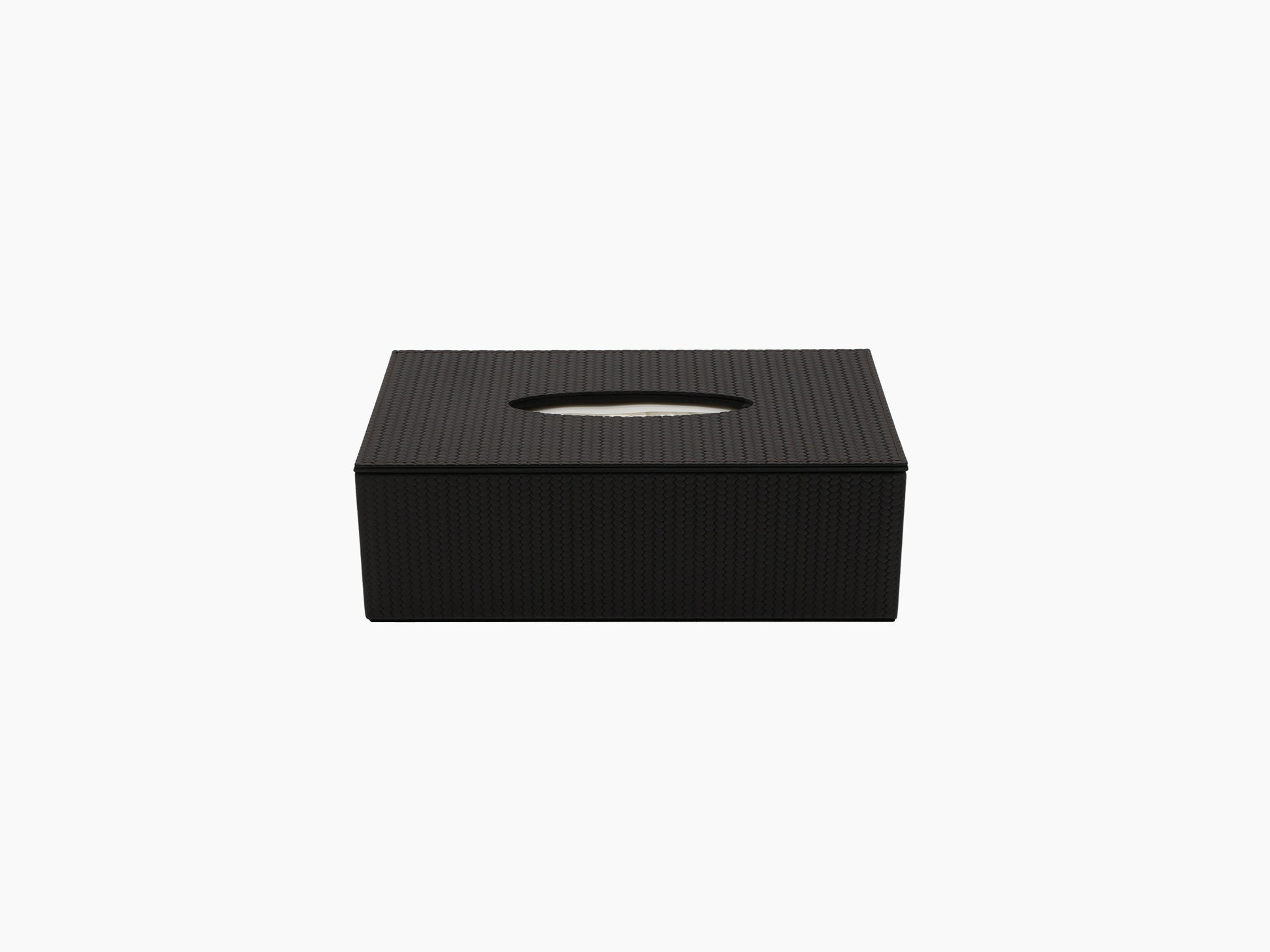 Rectangular black leather tissue box with oval opening and magnetic lid