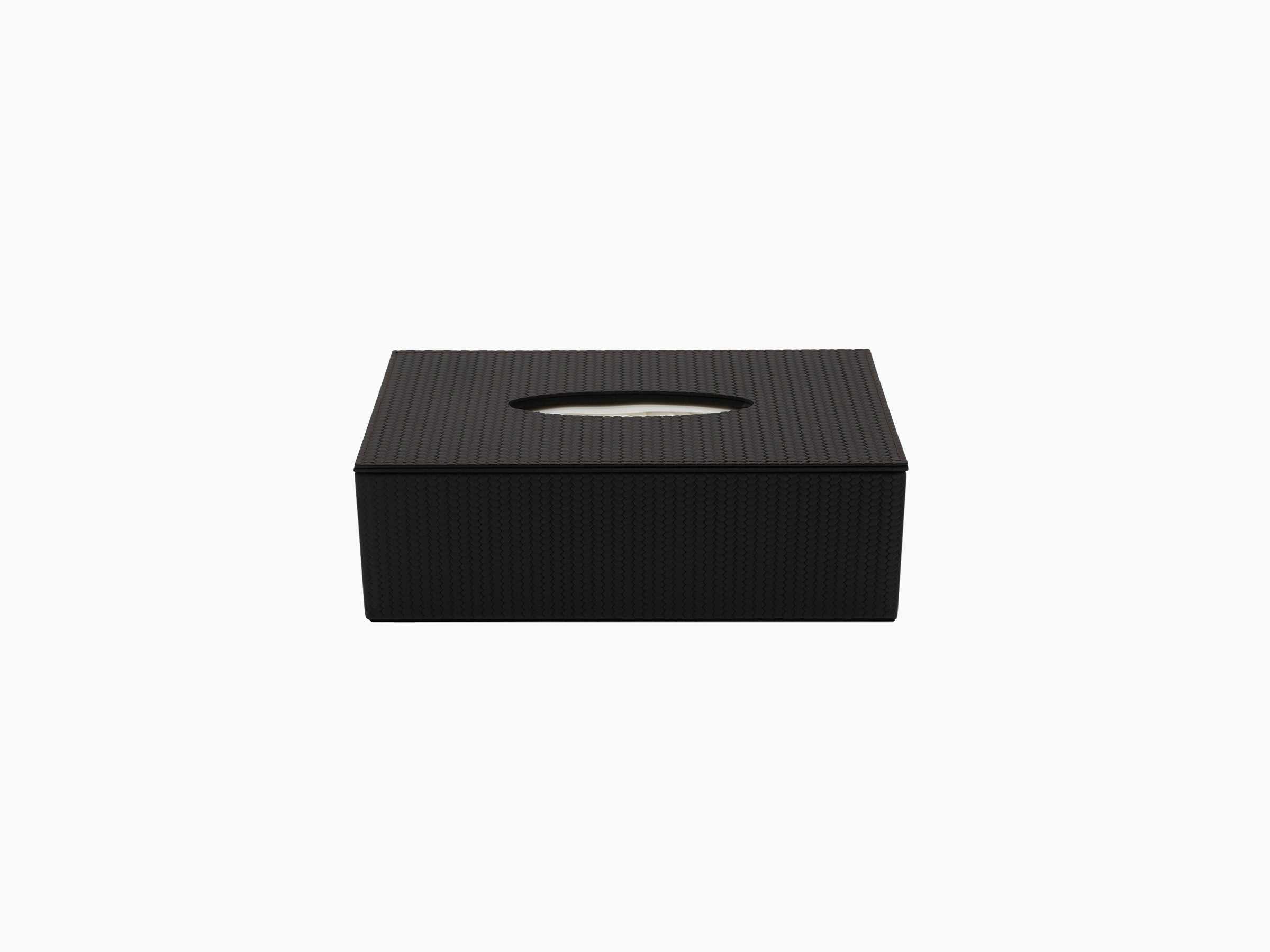 Rectangular black leather tissue box with oval opening and magnetic lid