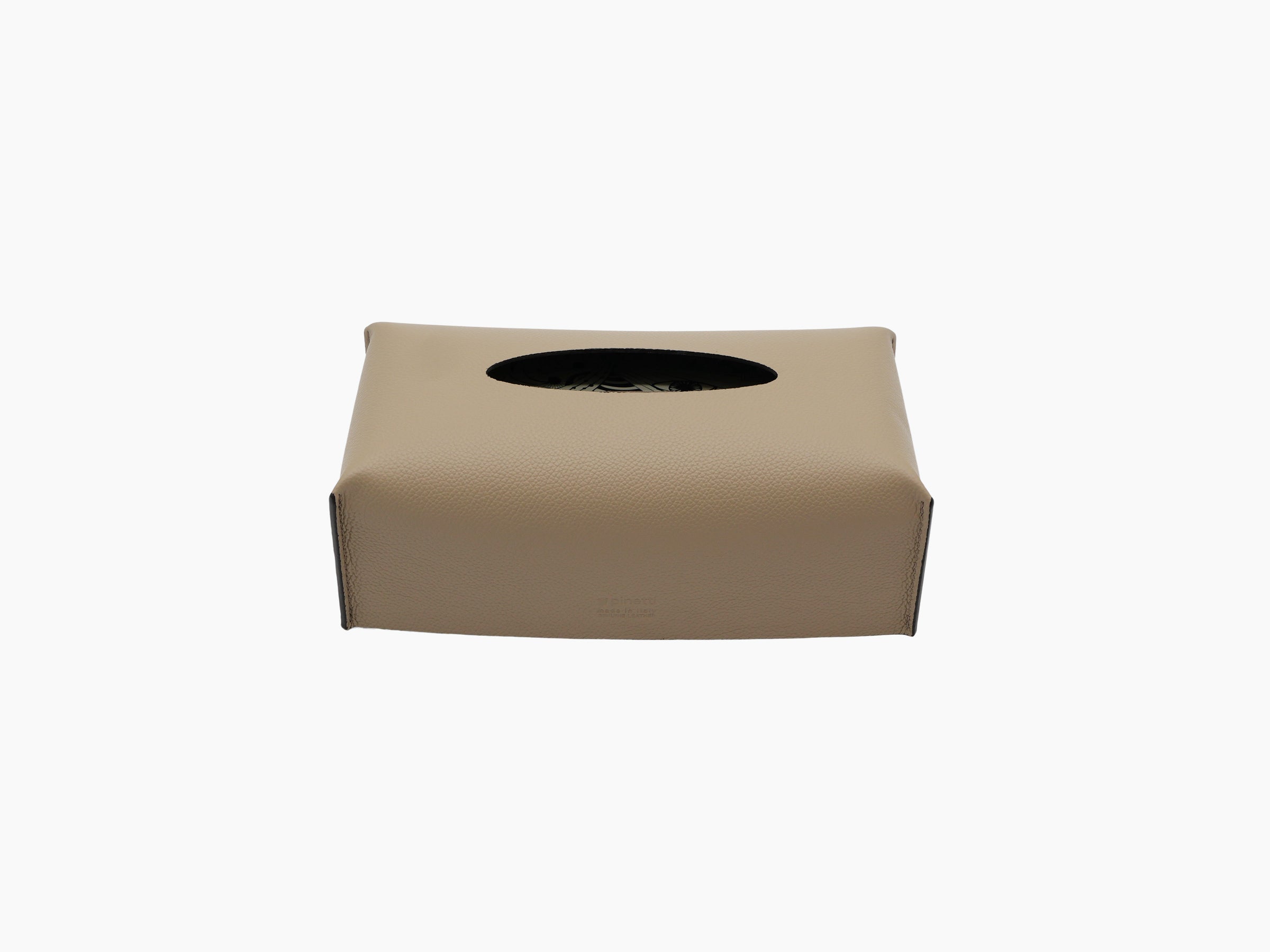 Leather wrapped rectangular tissue box with oval top opening and subtle imprint on the front
