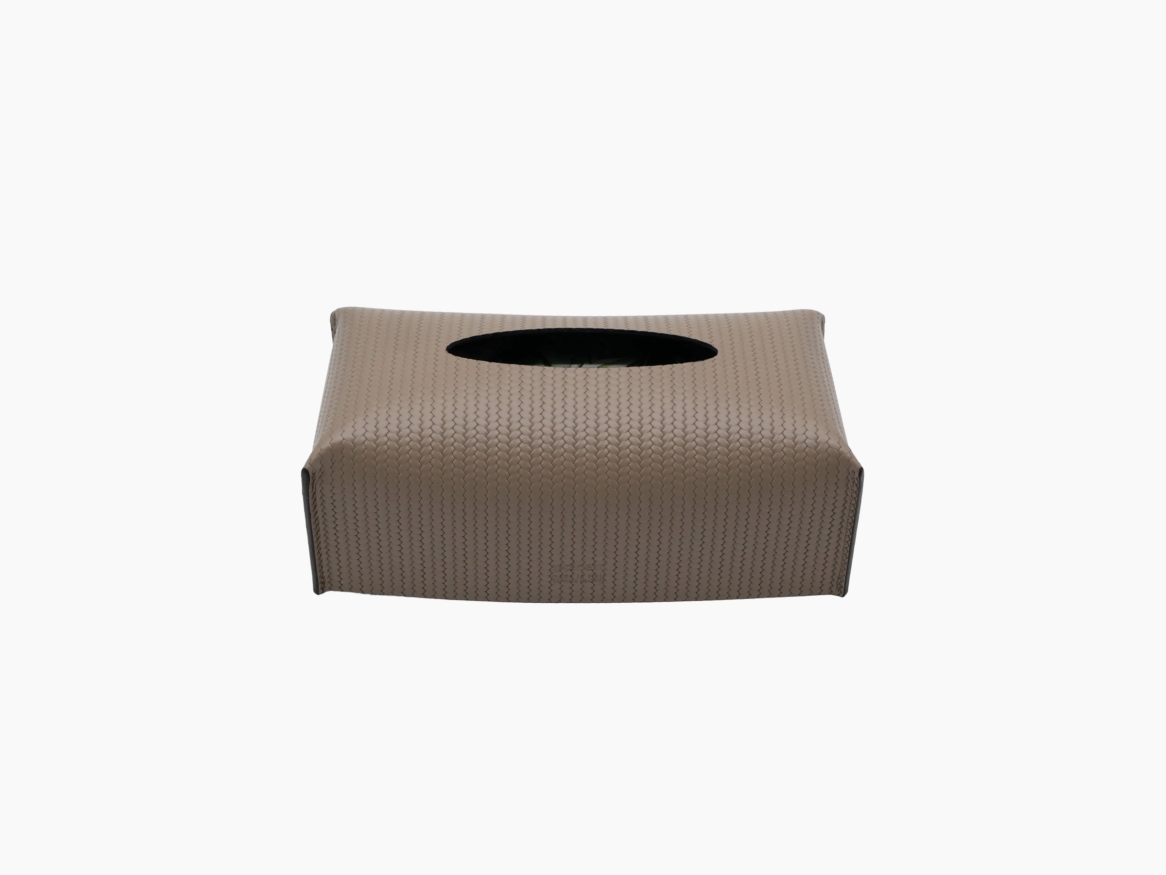 Leather wrapped rectangular tissue box with an oval top opening