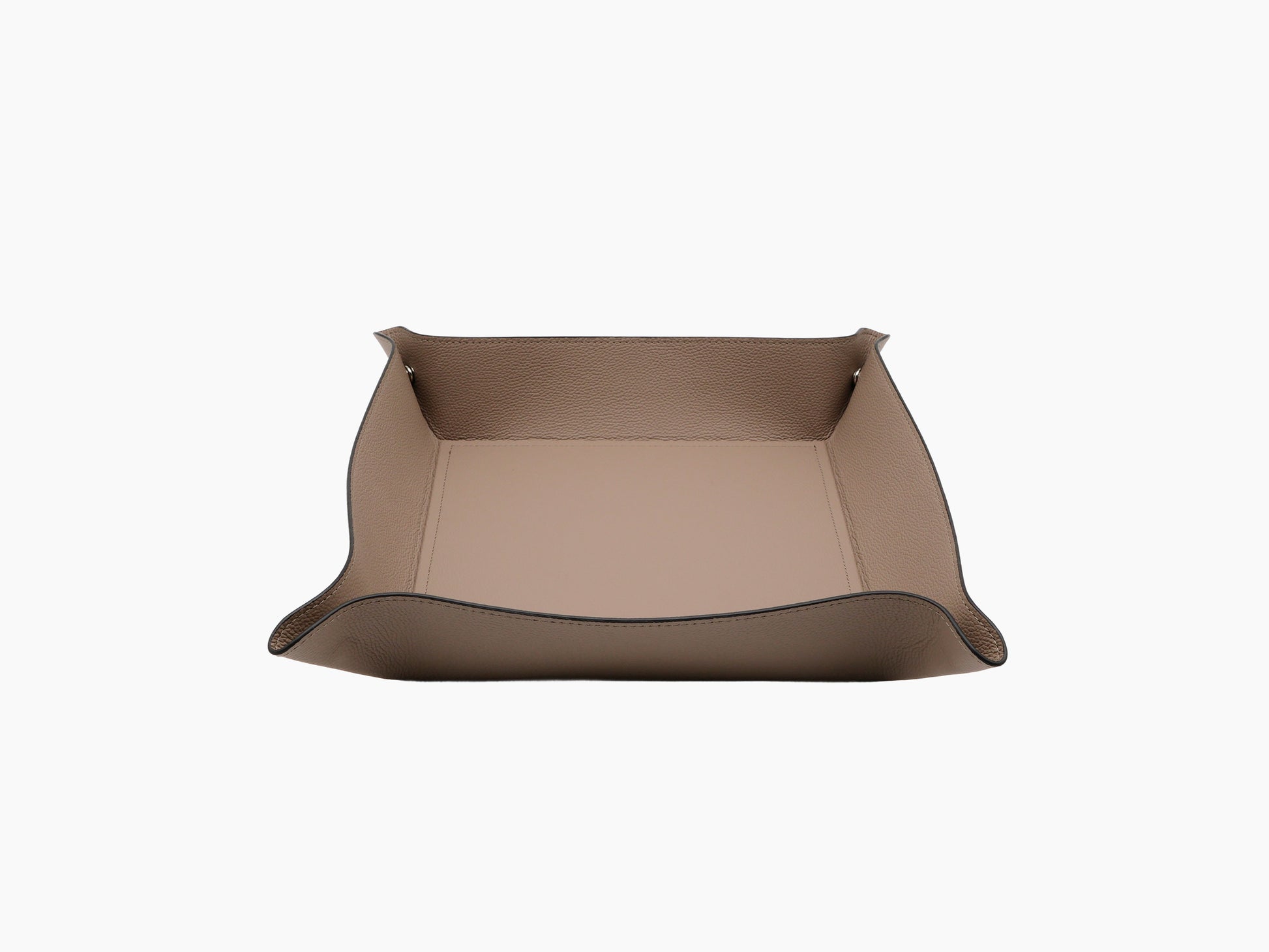 Large taupe leather Square Trinket Tray with curved corners and light interior.