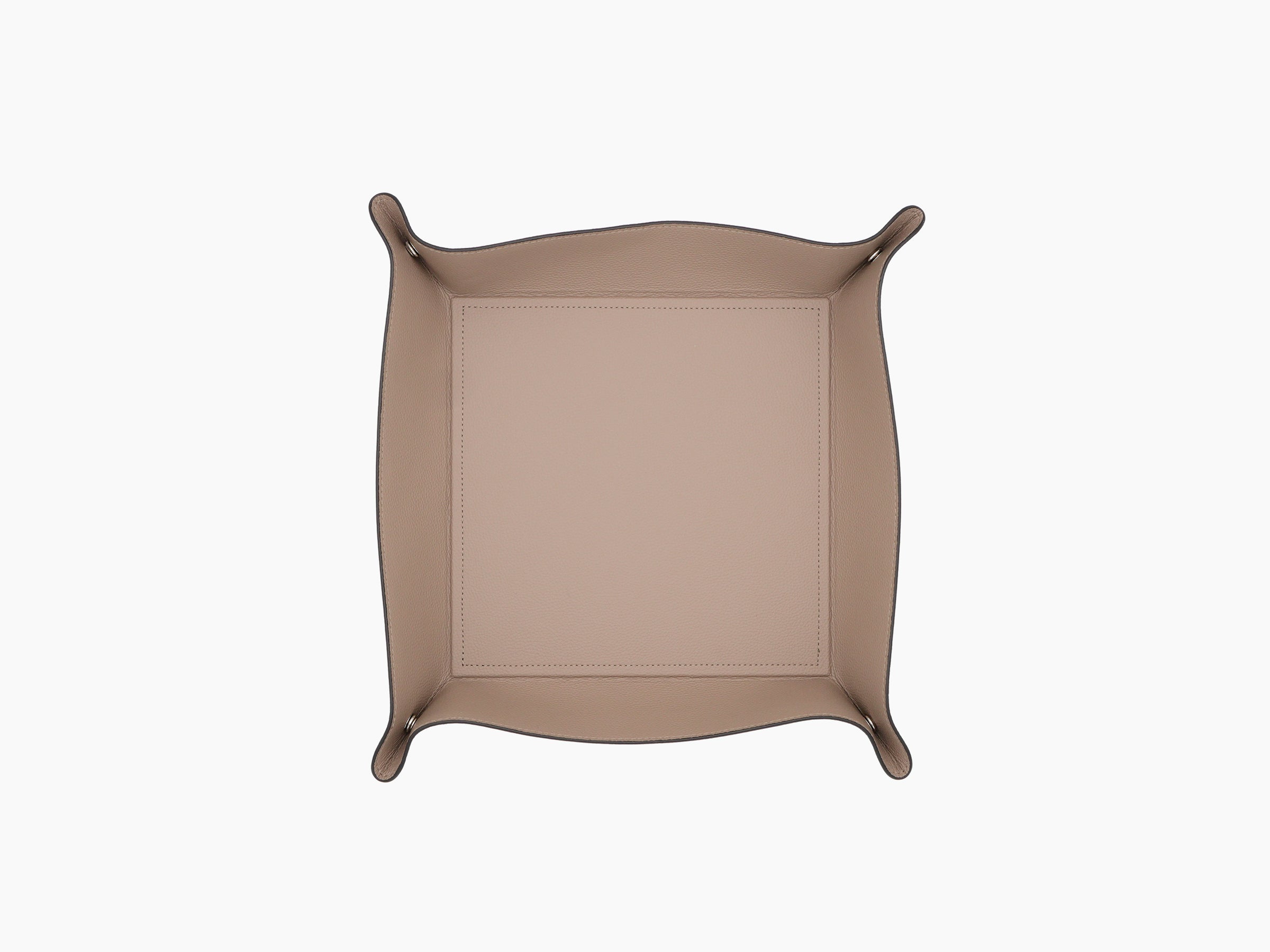 Warm brown leather Square Trinket Large Tray with curved corners and stitched inner base seen from above.