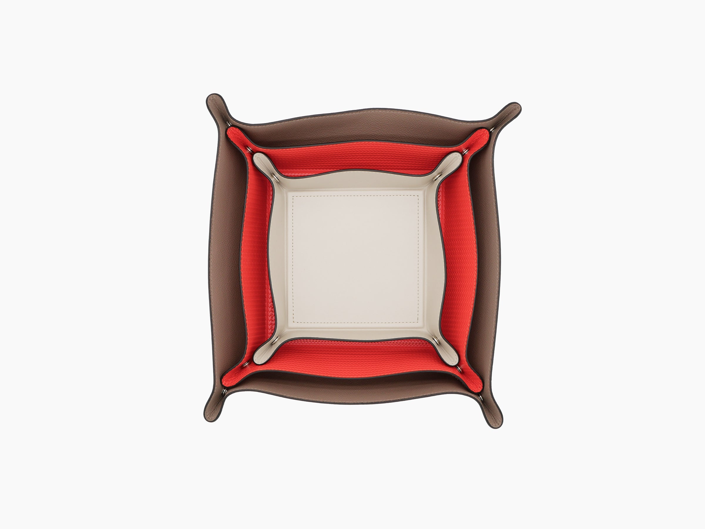 Brown leather Square Trinket Large Tray viewed from above with red lining surrounding a beige center and gold tone corner studs.