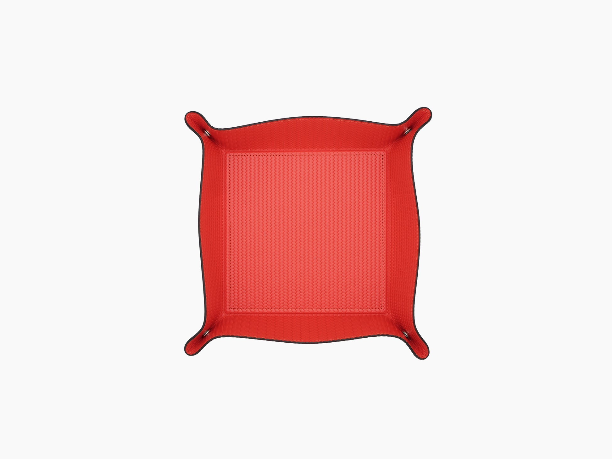 Brown leather square tray with red inner lining and stitched edges