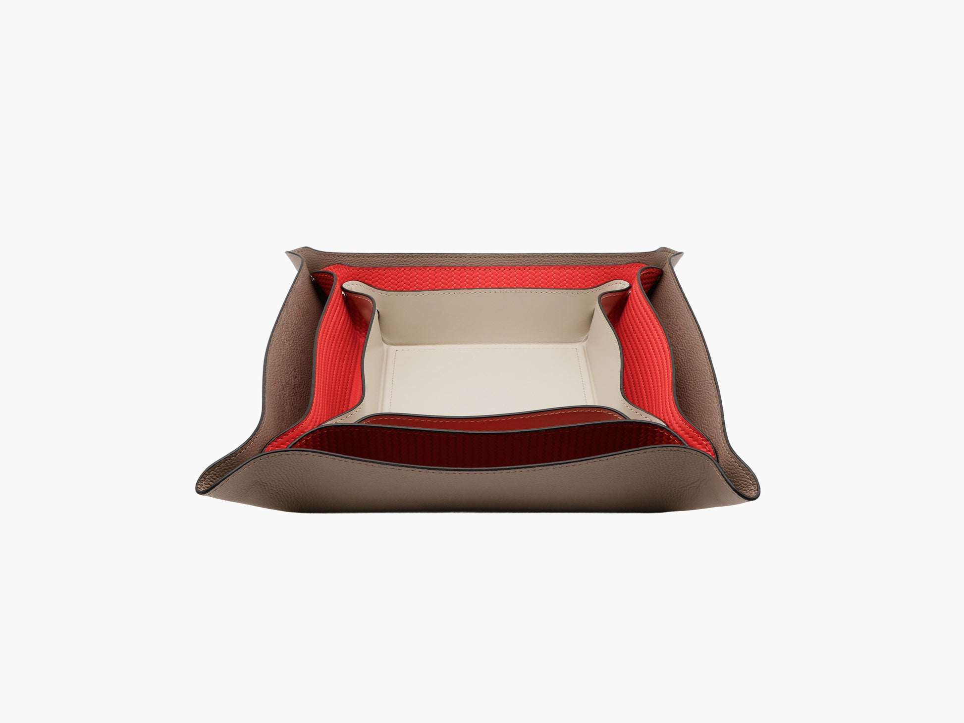 Interior view of brown leather Square Trinket Small Tray with red lining and beige base