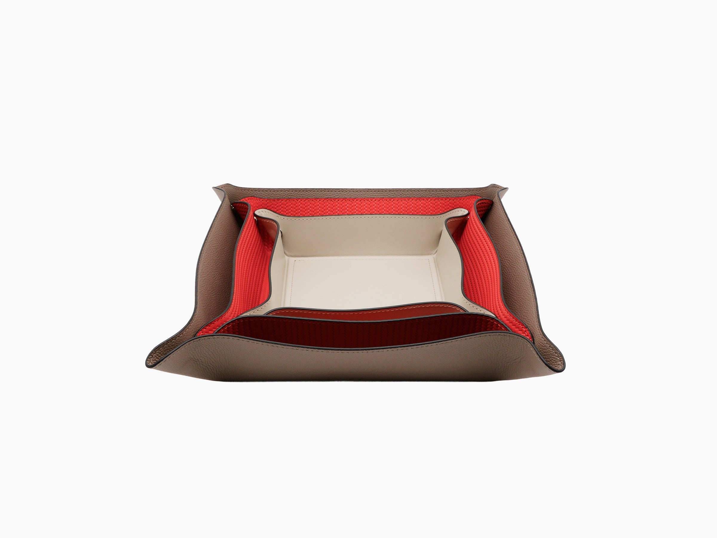 Interior view of brown leather Square Trinket Small Tray with red lining and beige base