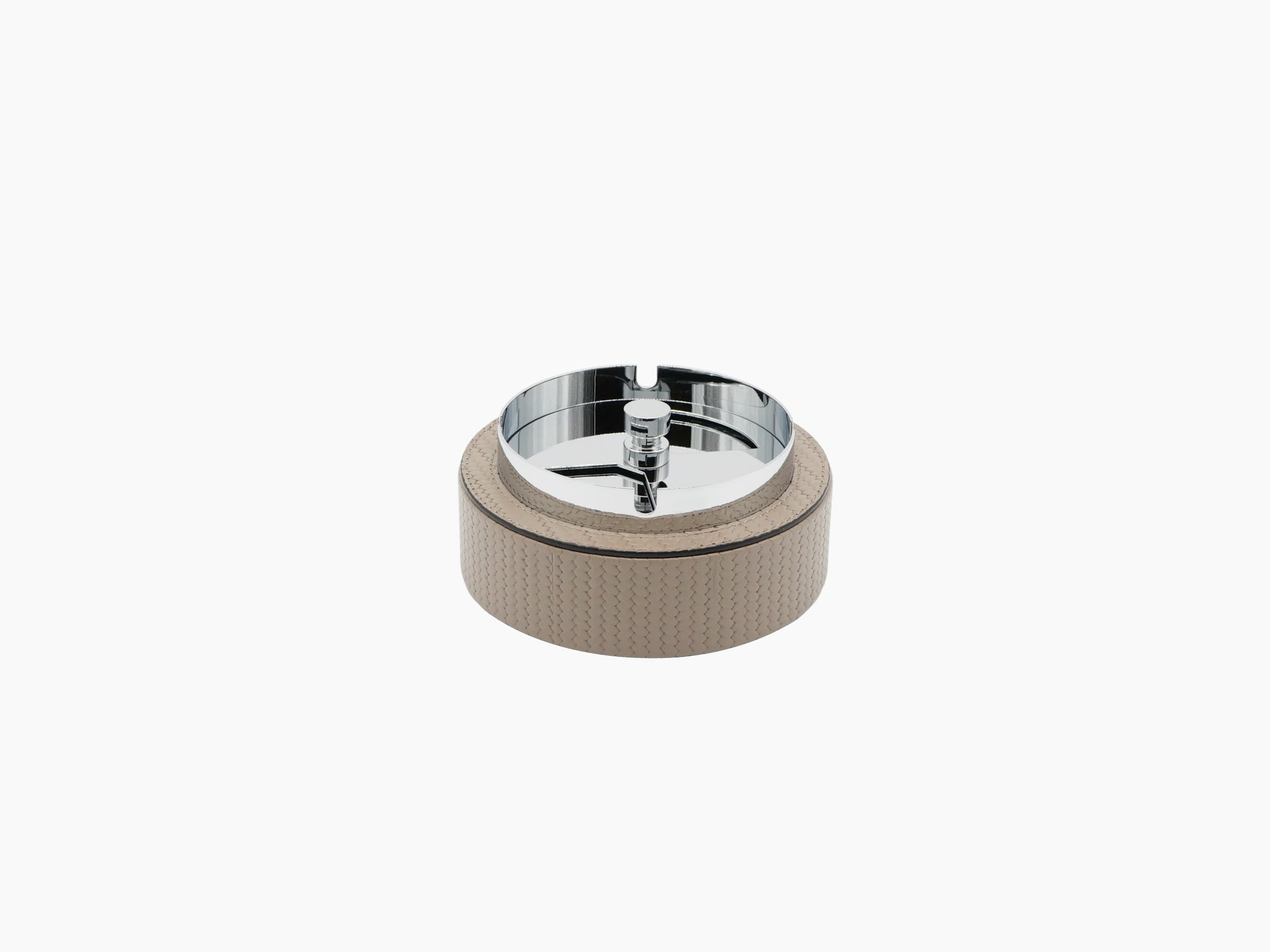Vento Ashtray with rotating chrome cover and beige textured leather outer wrap